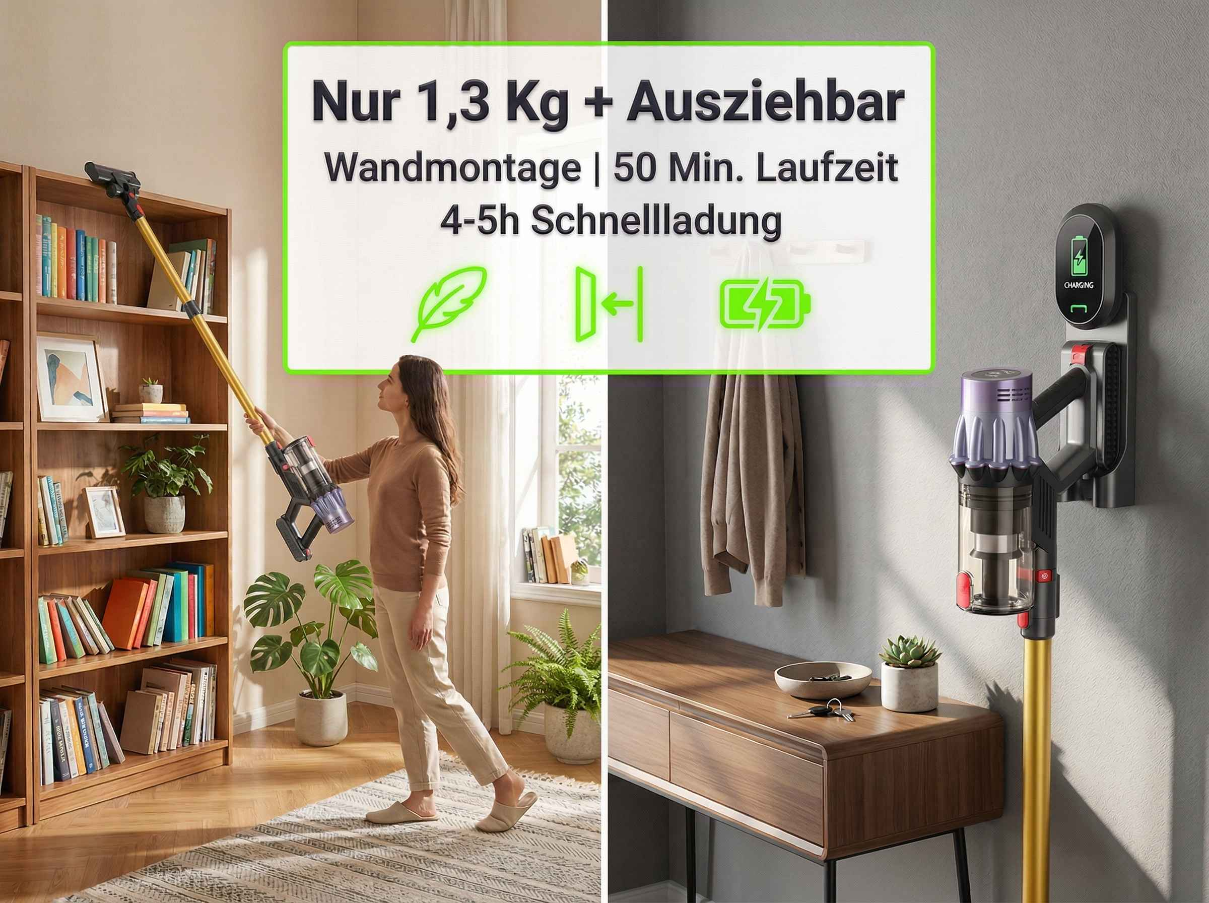 Eine Frau benutzt einen leichten, kabellosen Staubsauger in einem modernen Wohnzimmer.