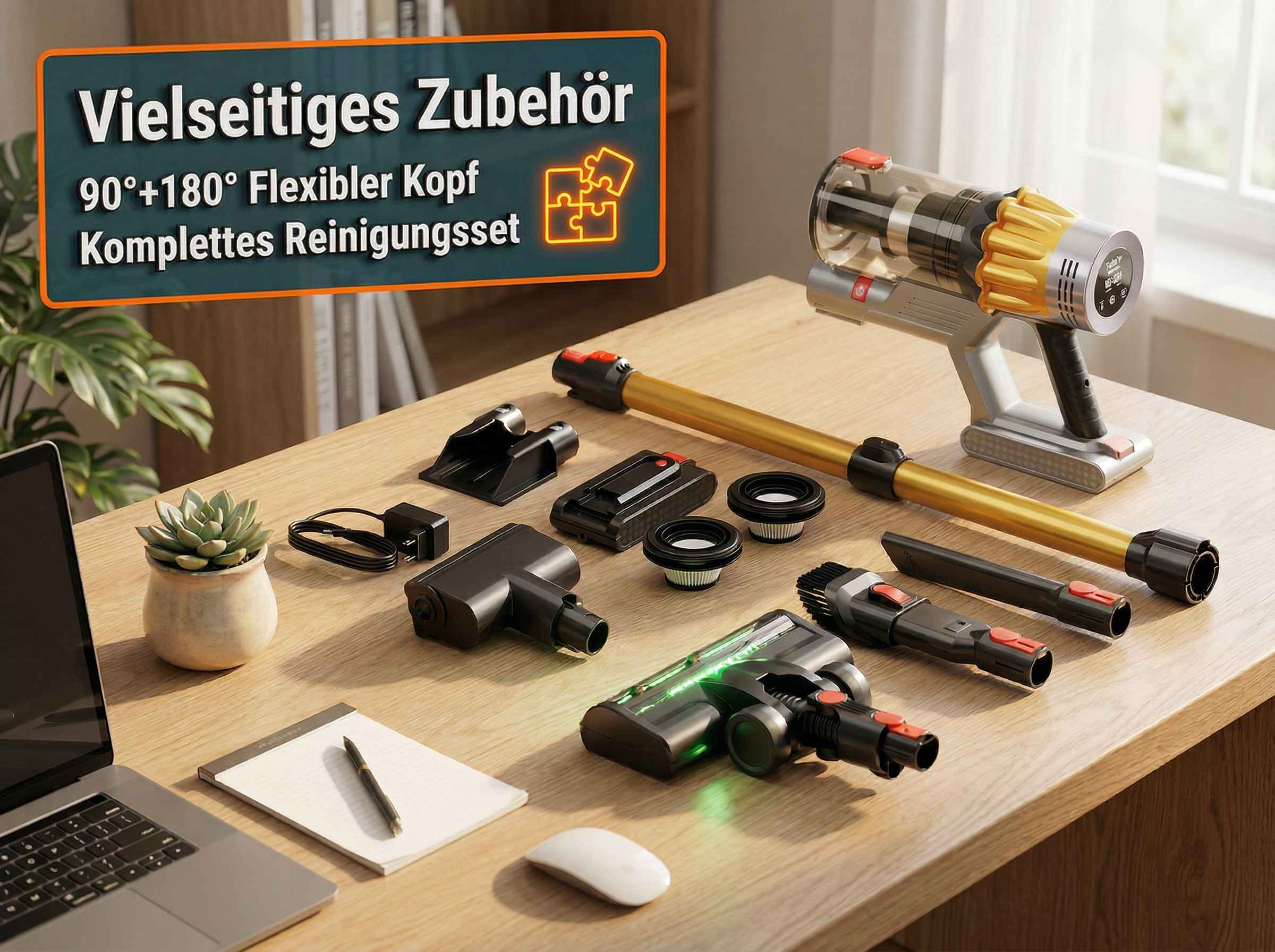 Ein Akku-Staubsauger mit Zubehör, Laptop und Pflanze auf einem Holztisch.