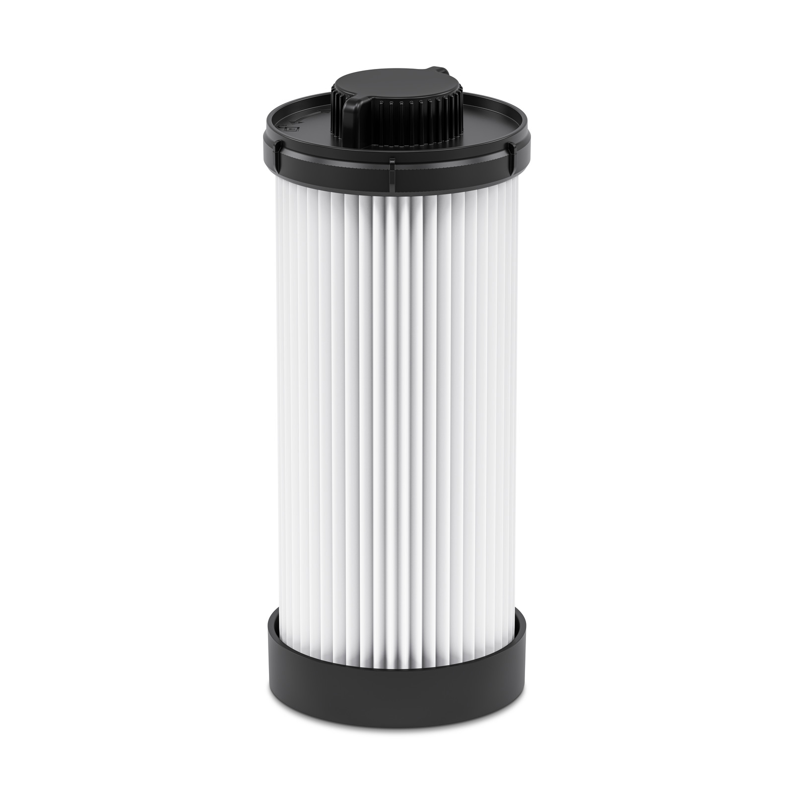 Ein zylindrischer weißer Filter mit schwarzem Deckel und Sockel.