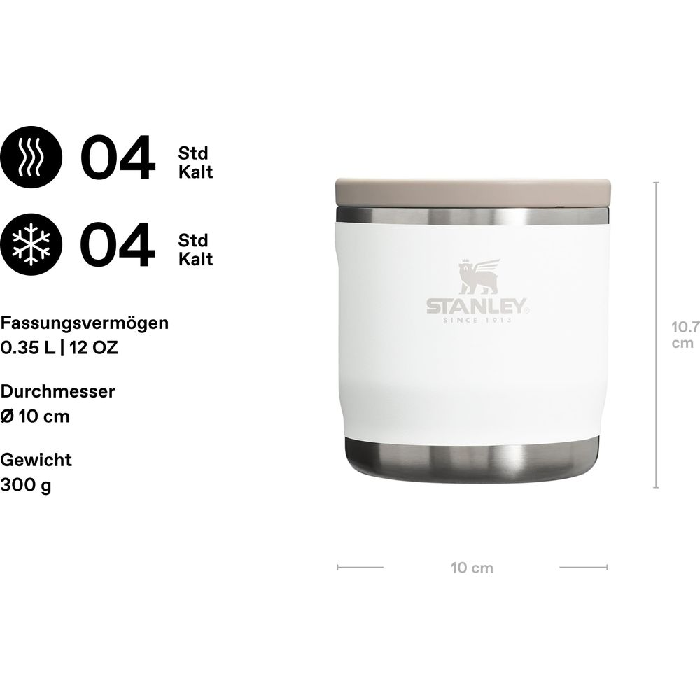 Thermos blanc Stanley avec logo, 10,7 cm de haut, 10 cm de large.