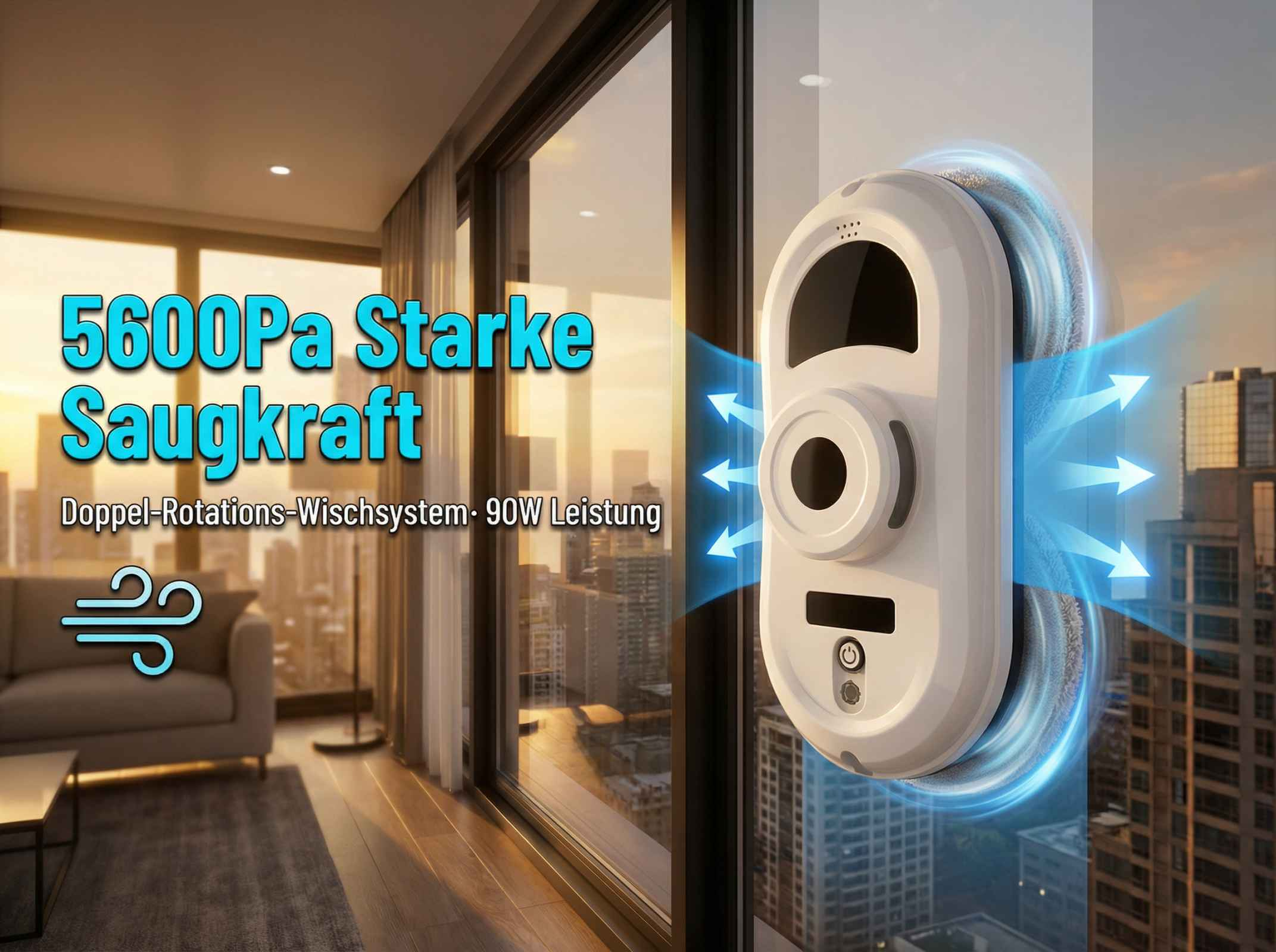 Ein Fensterreinigungsroboter haftet an einem Fenster, mit Text über Saugkraft.