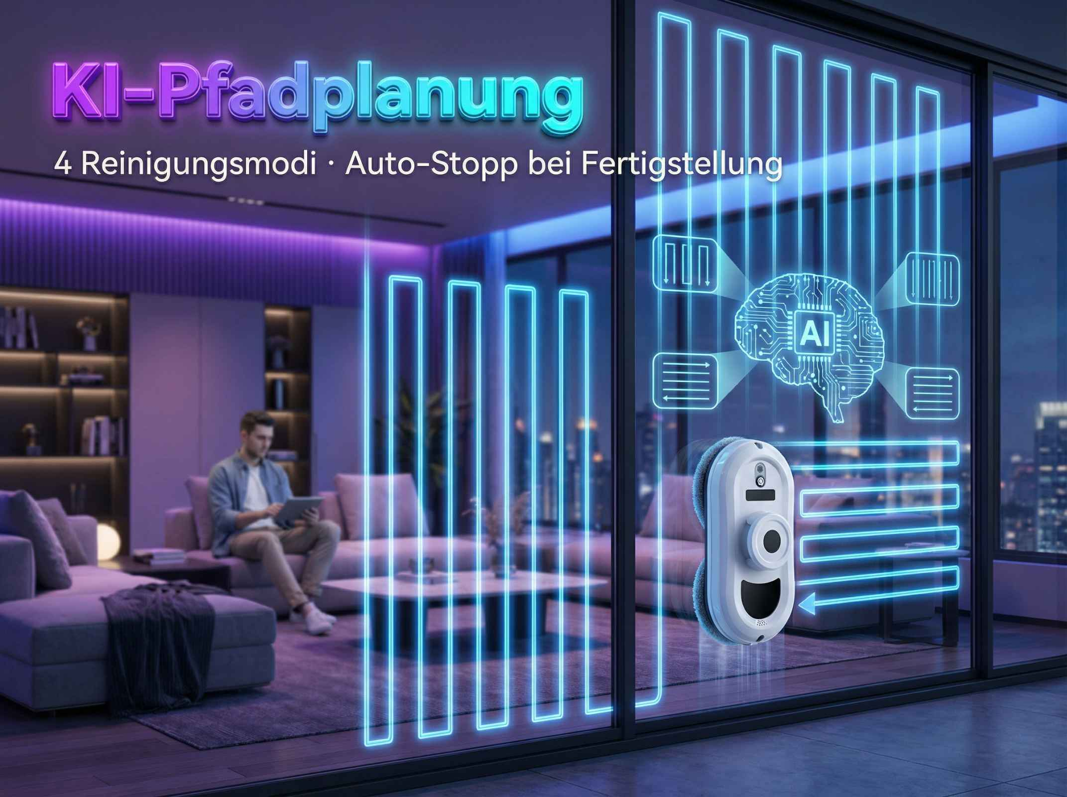 Ein Fensterreinigungsroboter mit KI-Navigation reinigt ein Fenster, das eine Wohnung im Hintergrund zeigt.