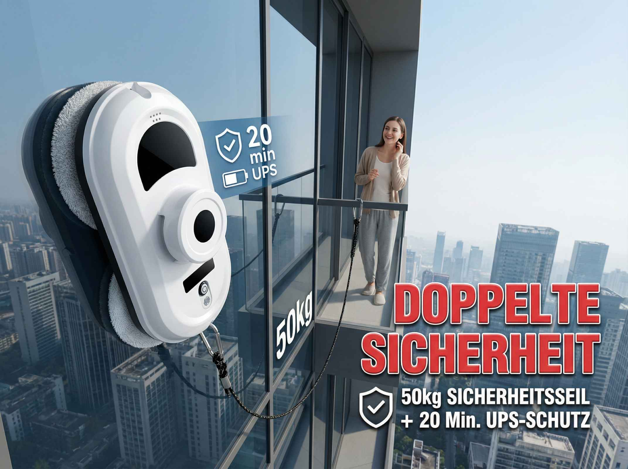 Ein Fensterputzroboter hängt an einem Seil an einem Hochhaus. Eine Frau steht auf dem Balkon.