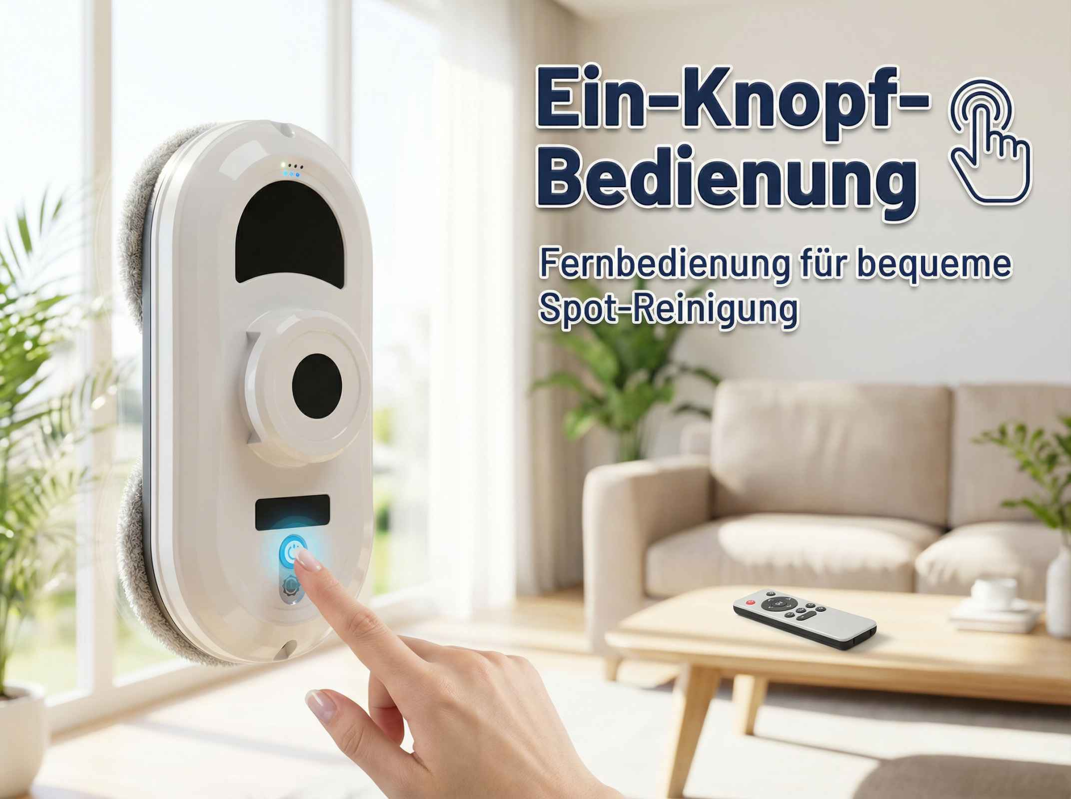 Fensterreinigungsroboter wird von Hand bedient, mit Sofa und Couchtisch im Hintergrund.