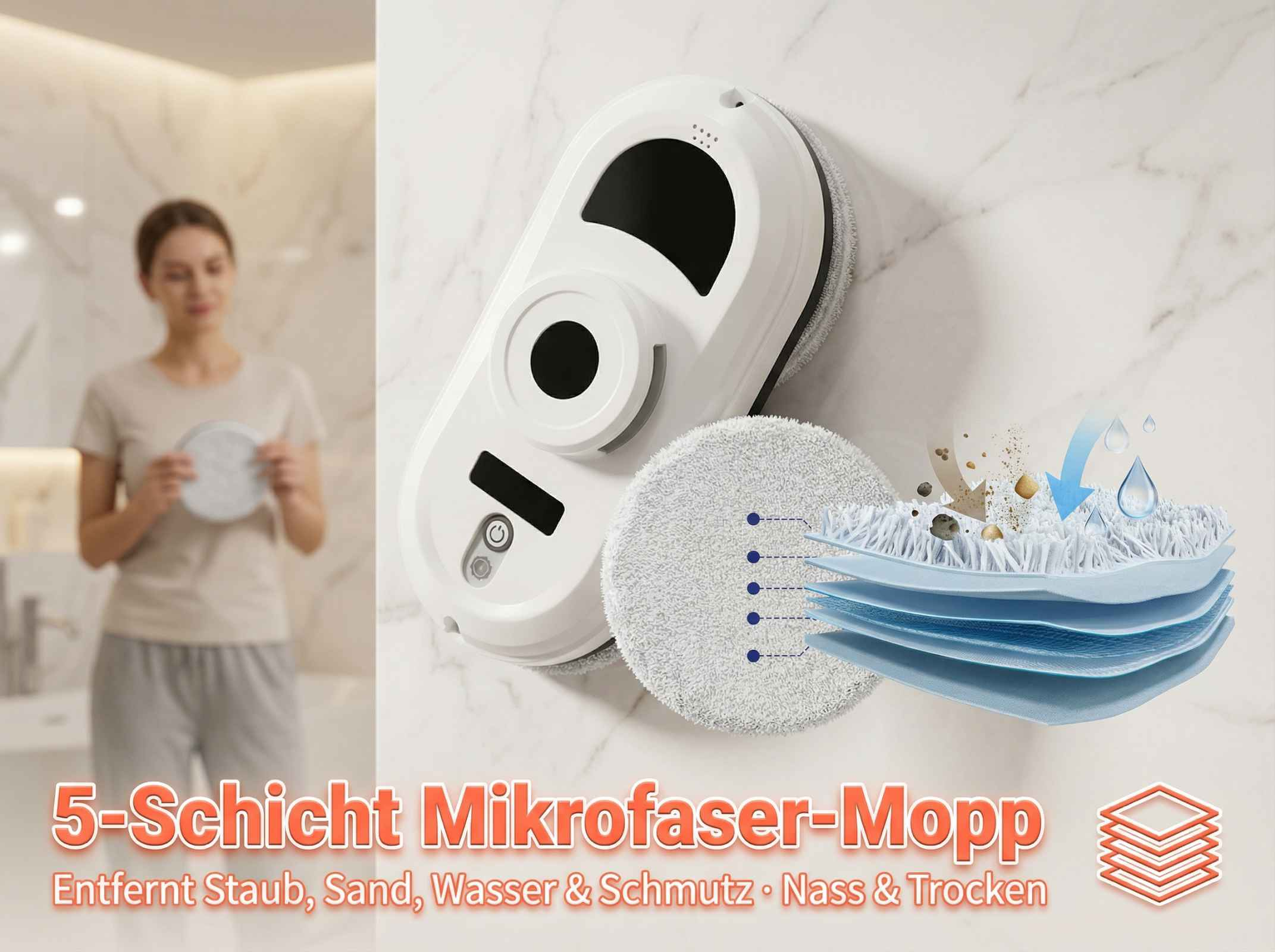 Ein Fensterreinigungsroboter mit 5-lagigem Mikrofaser-Mopp, der Staub, Sand, Wasser und Schmutz entfernt.