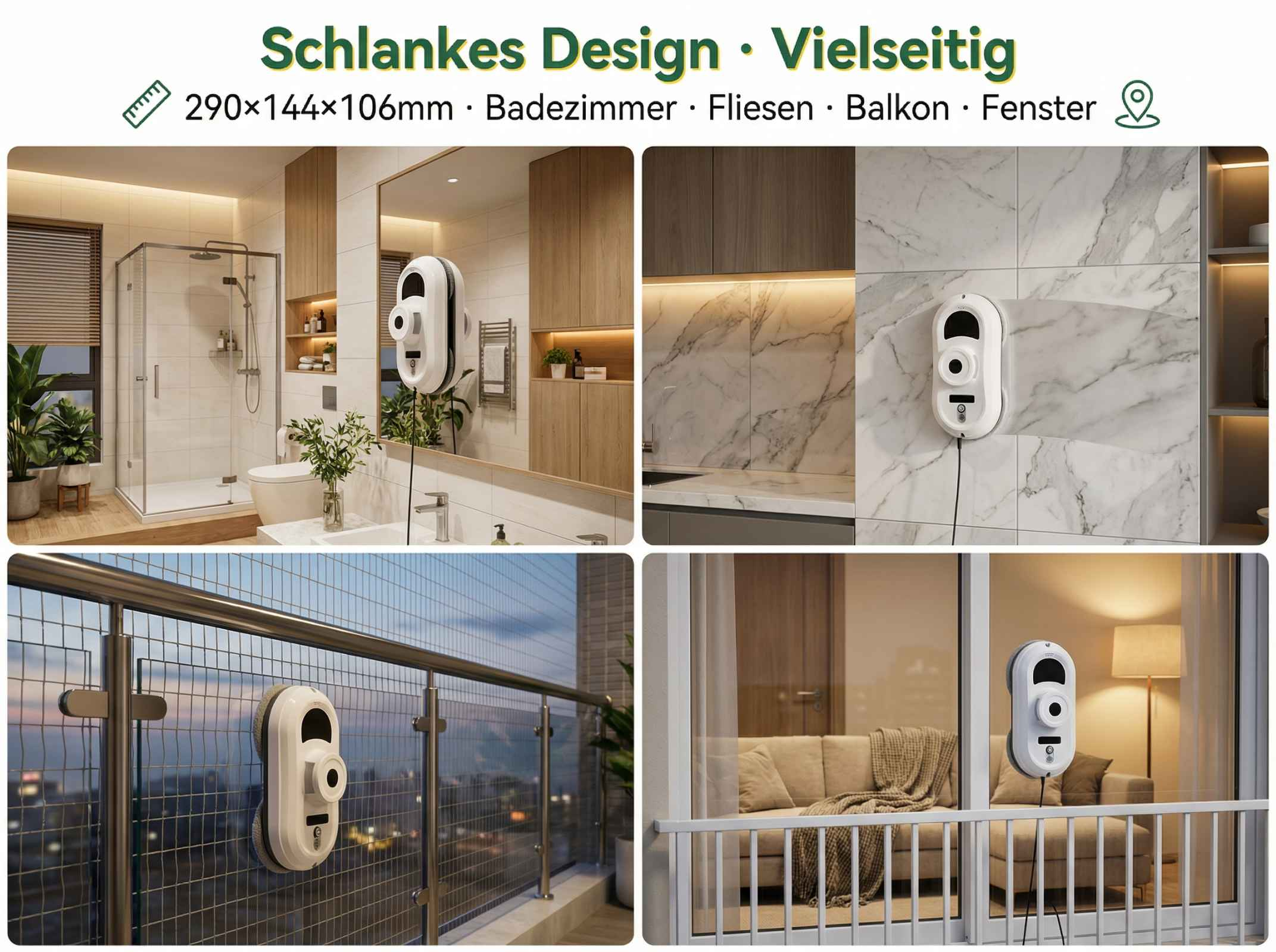 Fensterreinigungsroboter in verschiedenen Räumen wie Bad, Balkon und Wohnzimmer.