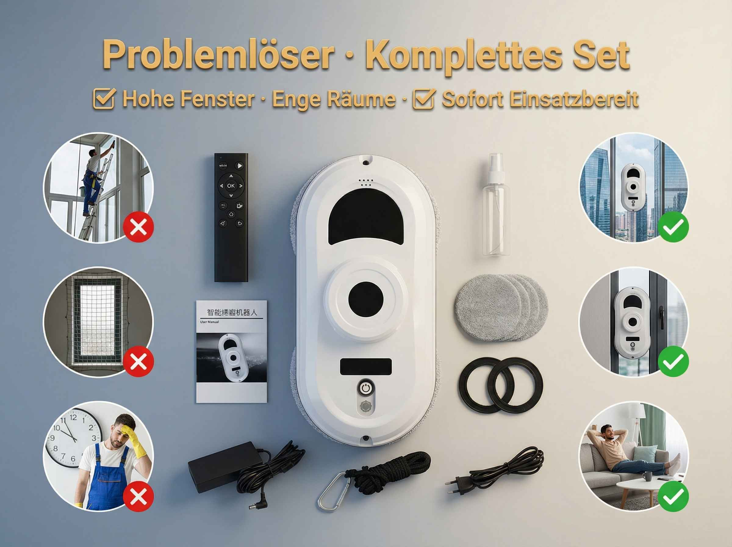 Ein Fensterreinigungsroboter-Set mit Fernbedienung, Zubehör und Anwendungsbeispielen.