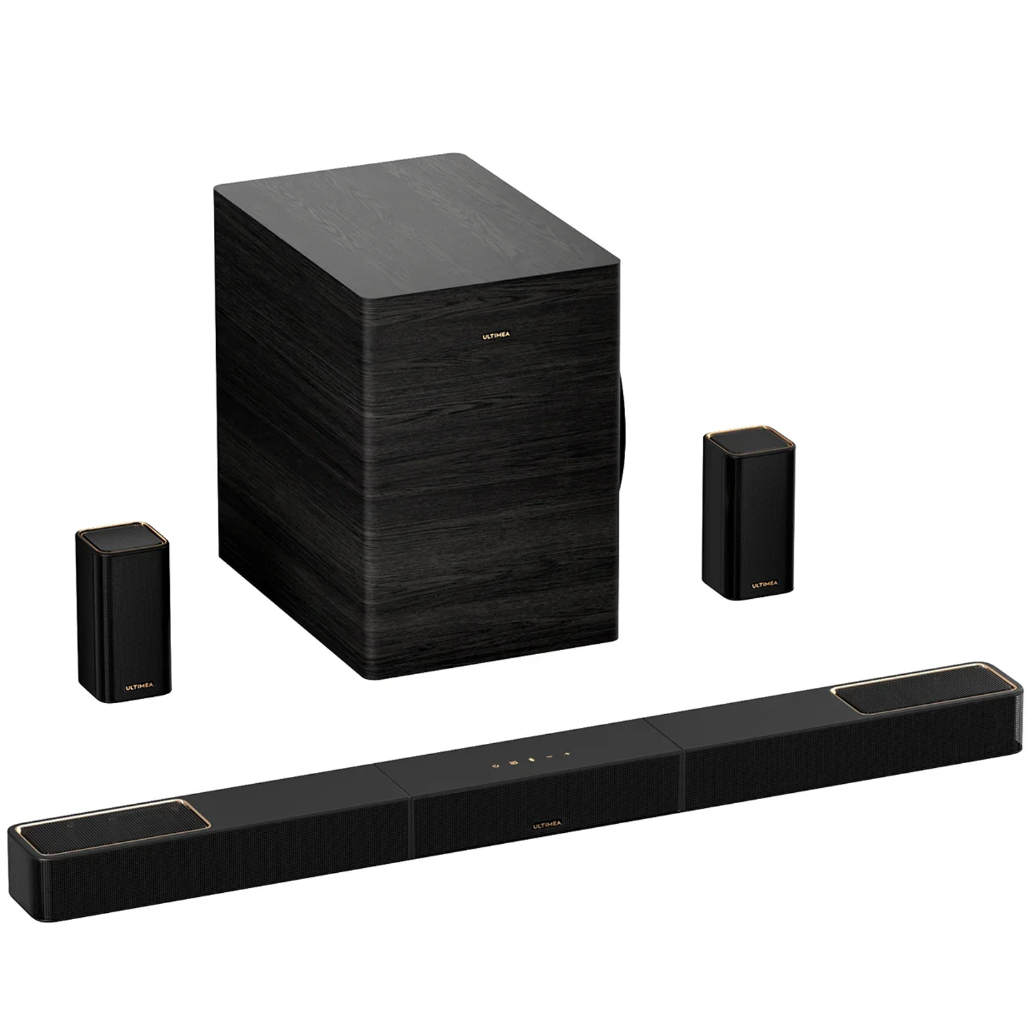 Système audio noir : caisson de basses, barre de son et deux enceintes satellites avec accents dorés.
