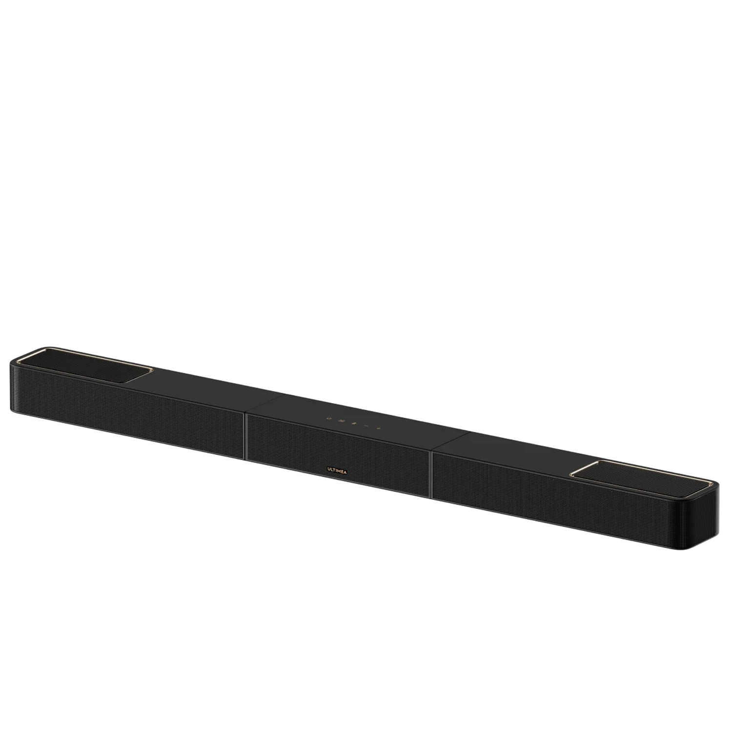 Une barre de son noire élégante avec des accents dorés. Elle a une grille en maille et des commandes tactiles.