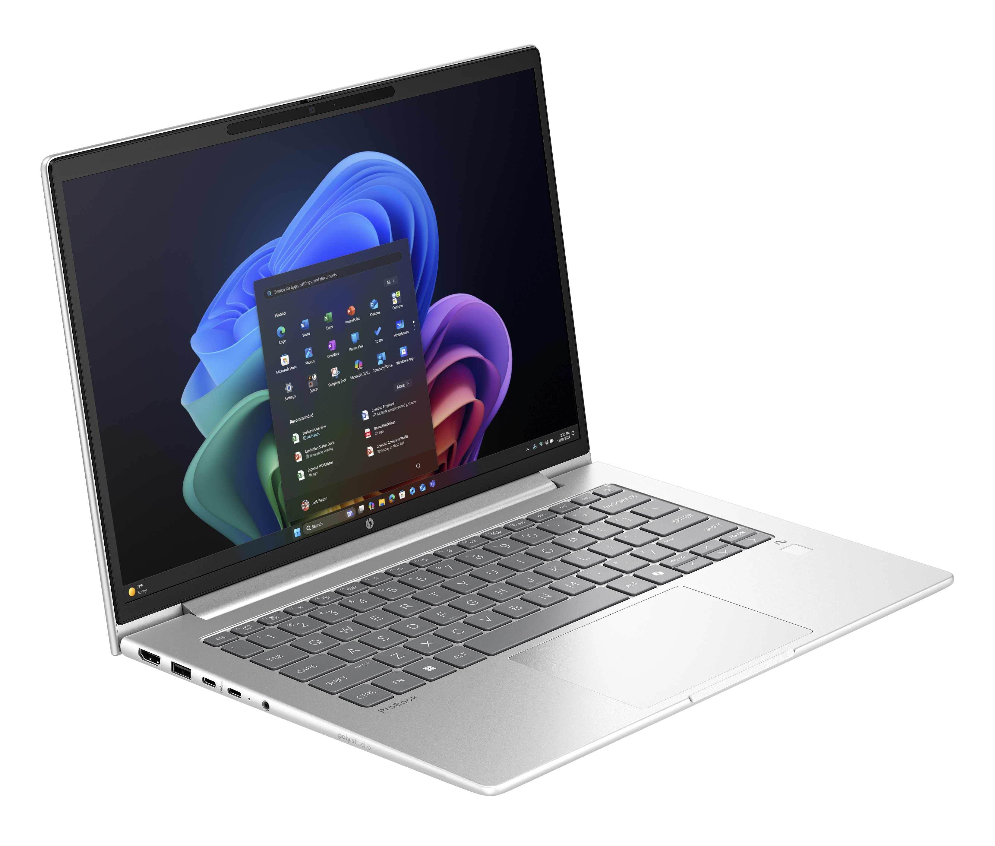 Un laptop argentato con lo schermo aperto, che mostra uno sfondo colorato e un menu.