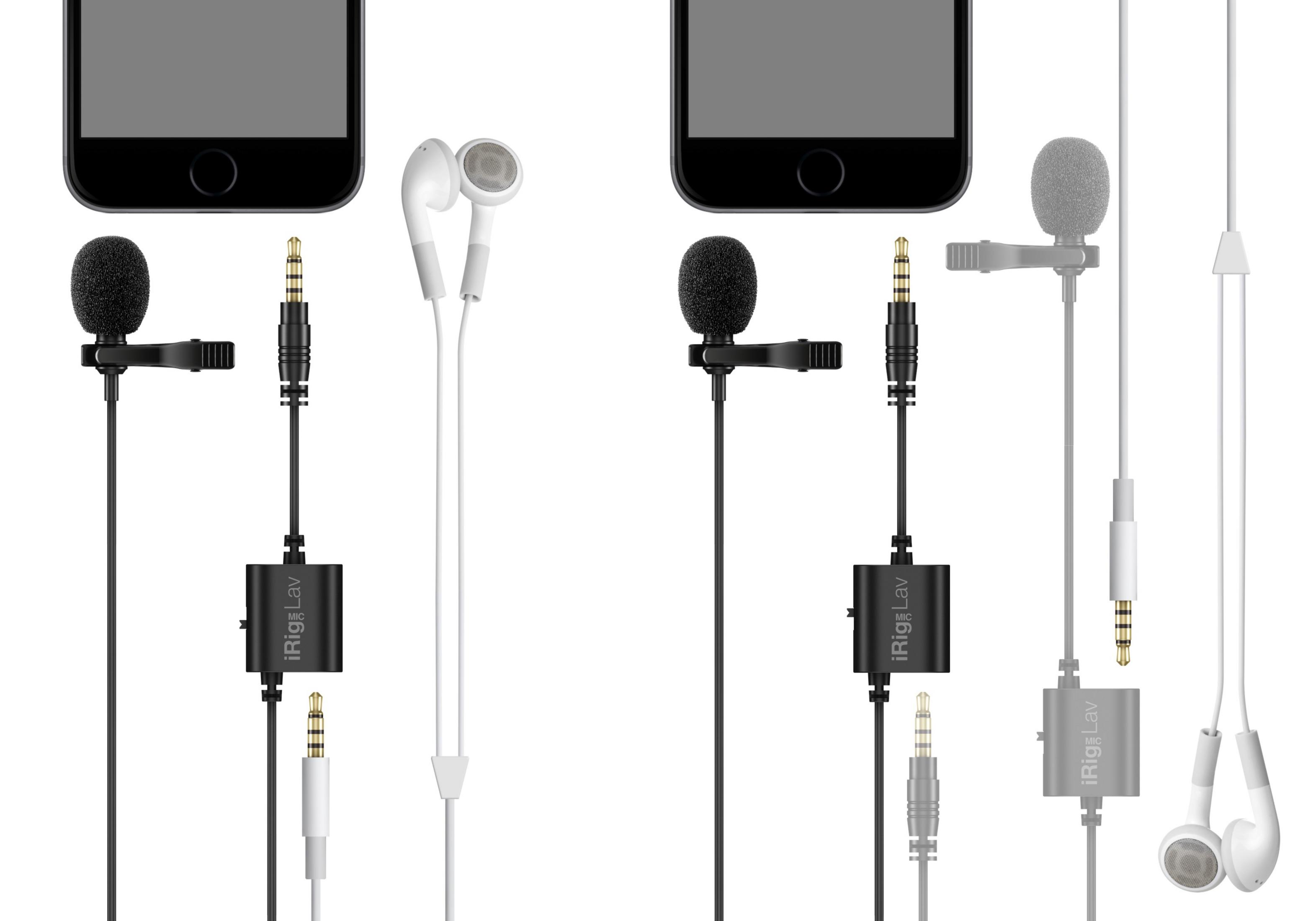 Due iPhone con microfoni lavalier e auricolari, neri e grigi.