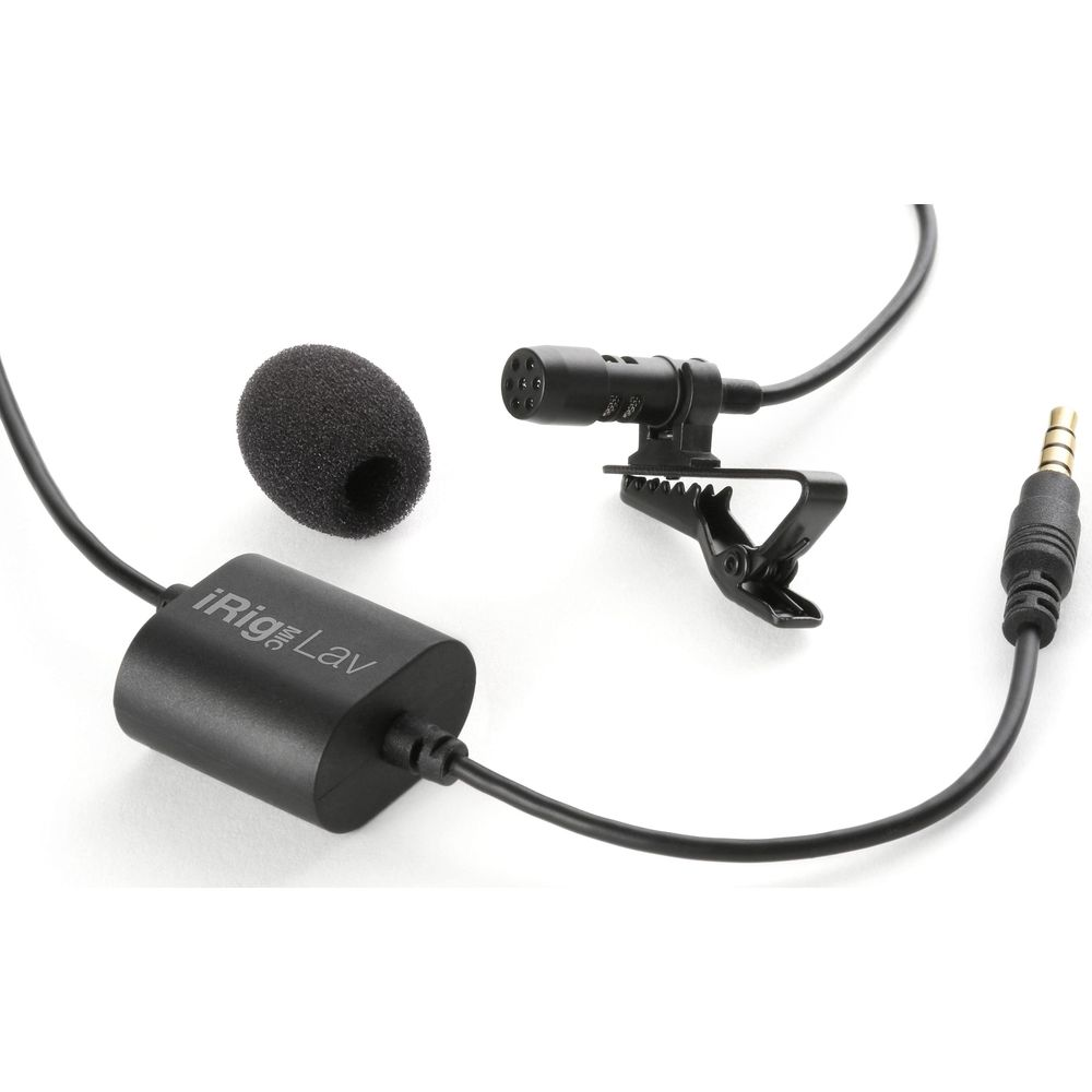 Microfono lavalier nero con clip, antivento e connettore jack.