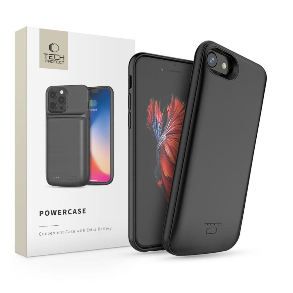 Schwarzes Powercase für ein Smartphone neben seiner Verpackung.