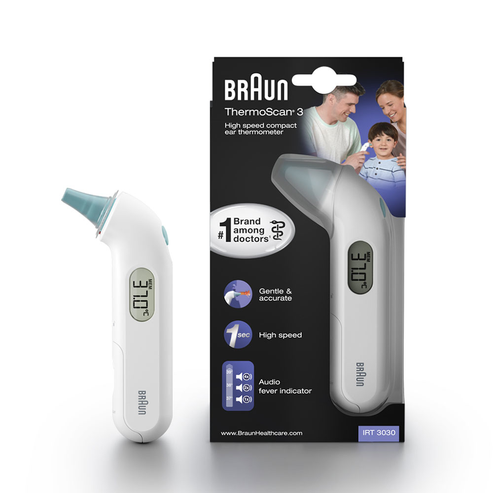 Braun ThermoScan 3 kulak termometresi dijital ekranlı, 37,0°C.