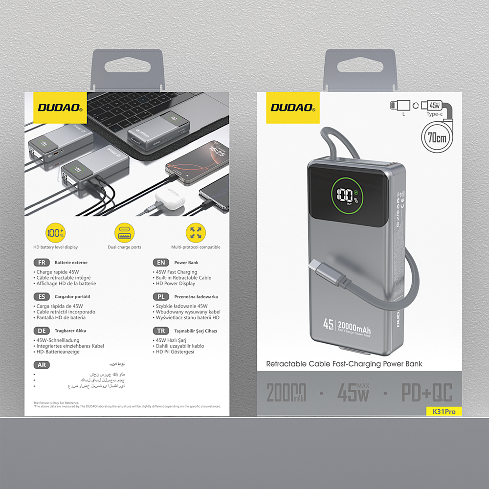 Grauer DUDAO Powerbank mit einziehbarem Kabel, 45W, 20000mAh, HD Display.