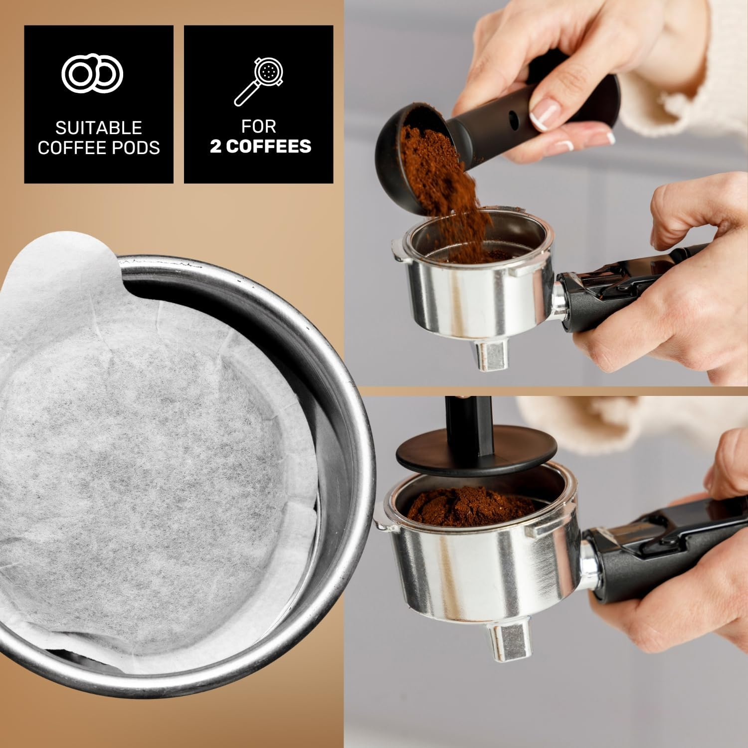 Se vierte café molido en un portafiltro; al lado, una cápsula de café en un recipiente metálico.