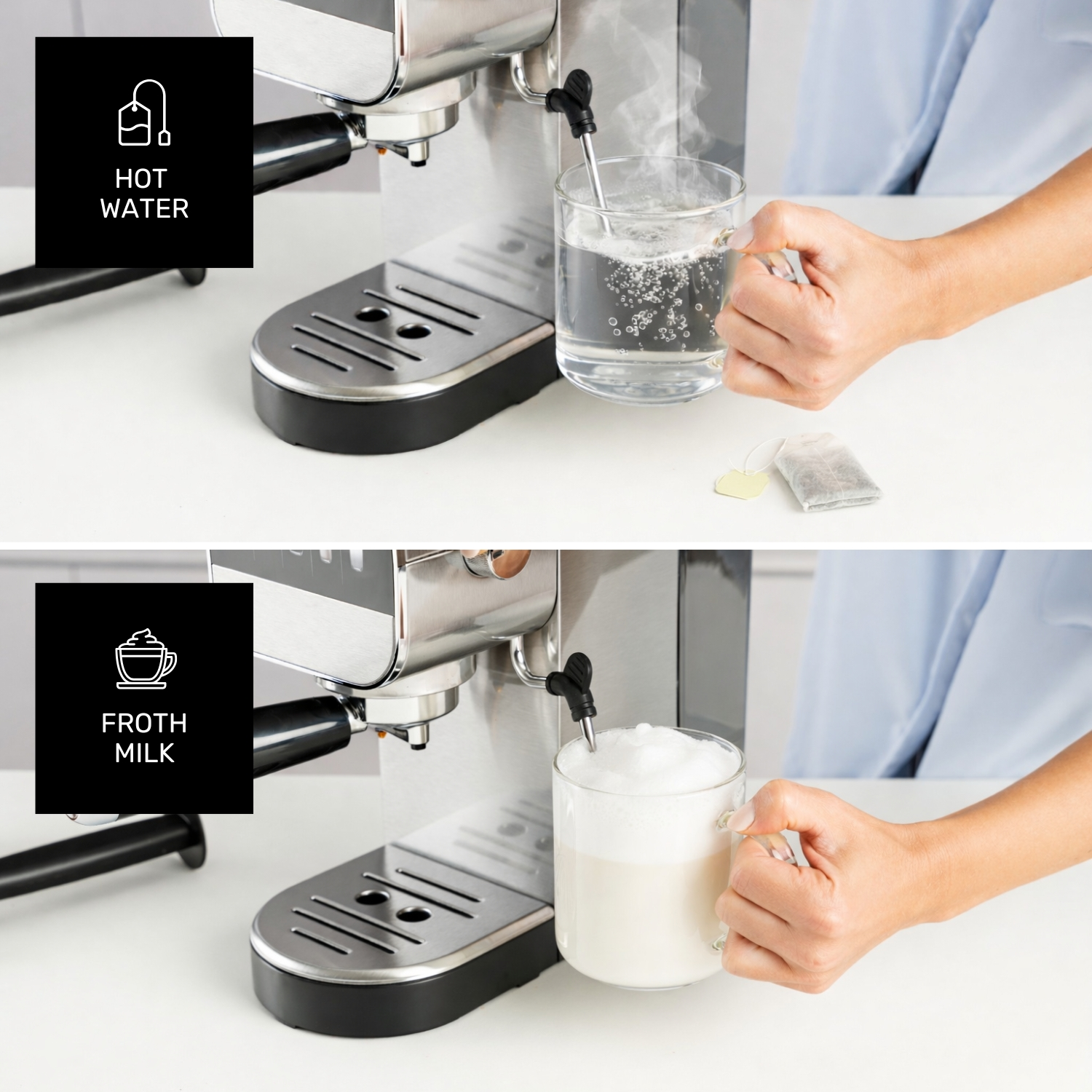 Agua caliente llena una taza de vidrio junto a una bolsita de té.