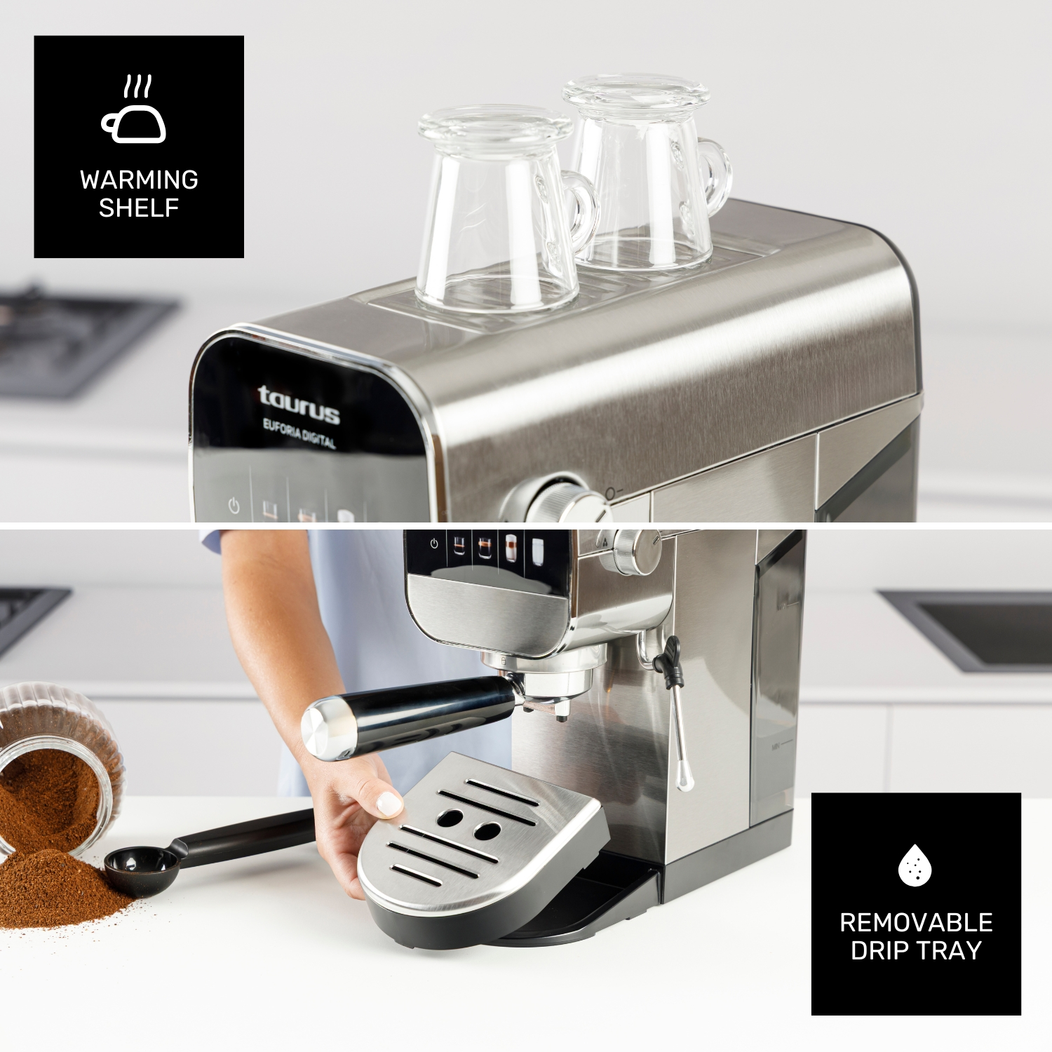 Máquina de espresso de acero inoxidable con calentador de tazas y bandeja de goteo.