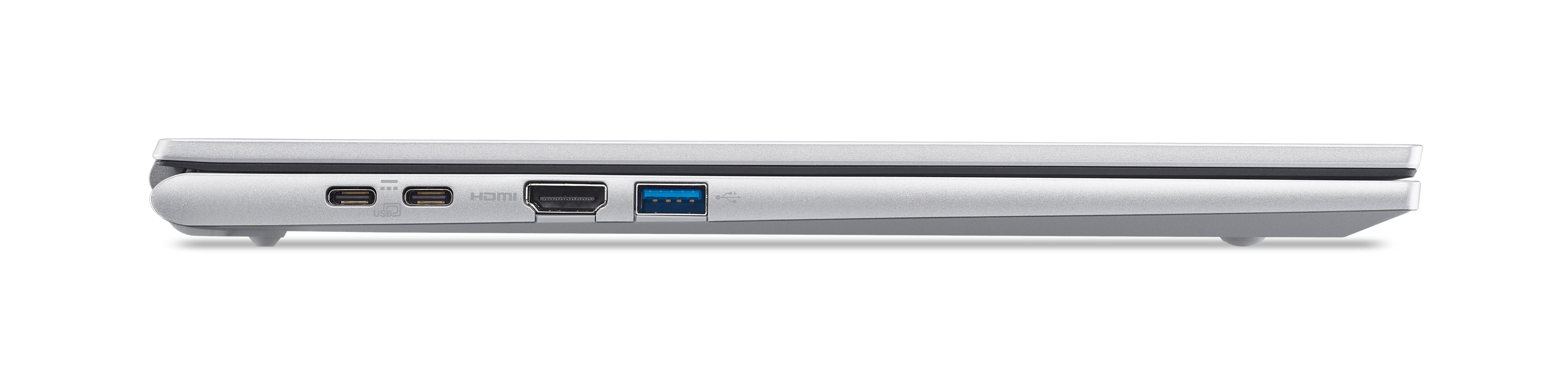 Portátil plateado con dos puertos USB-C, un HDMI y un USB-A.