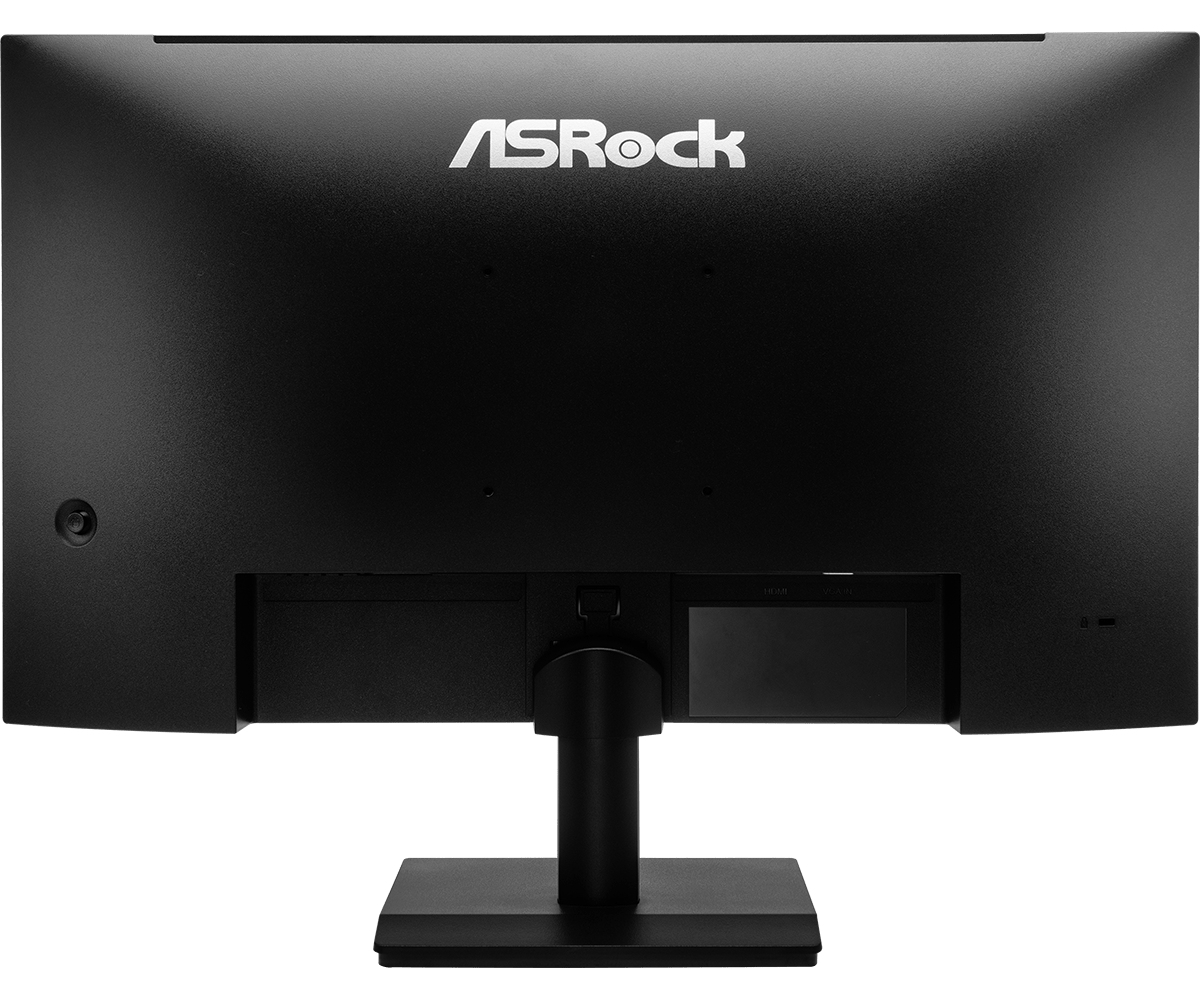 Retro di un monitor ASRock nero con supporto e porte visibili.