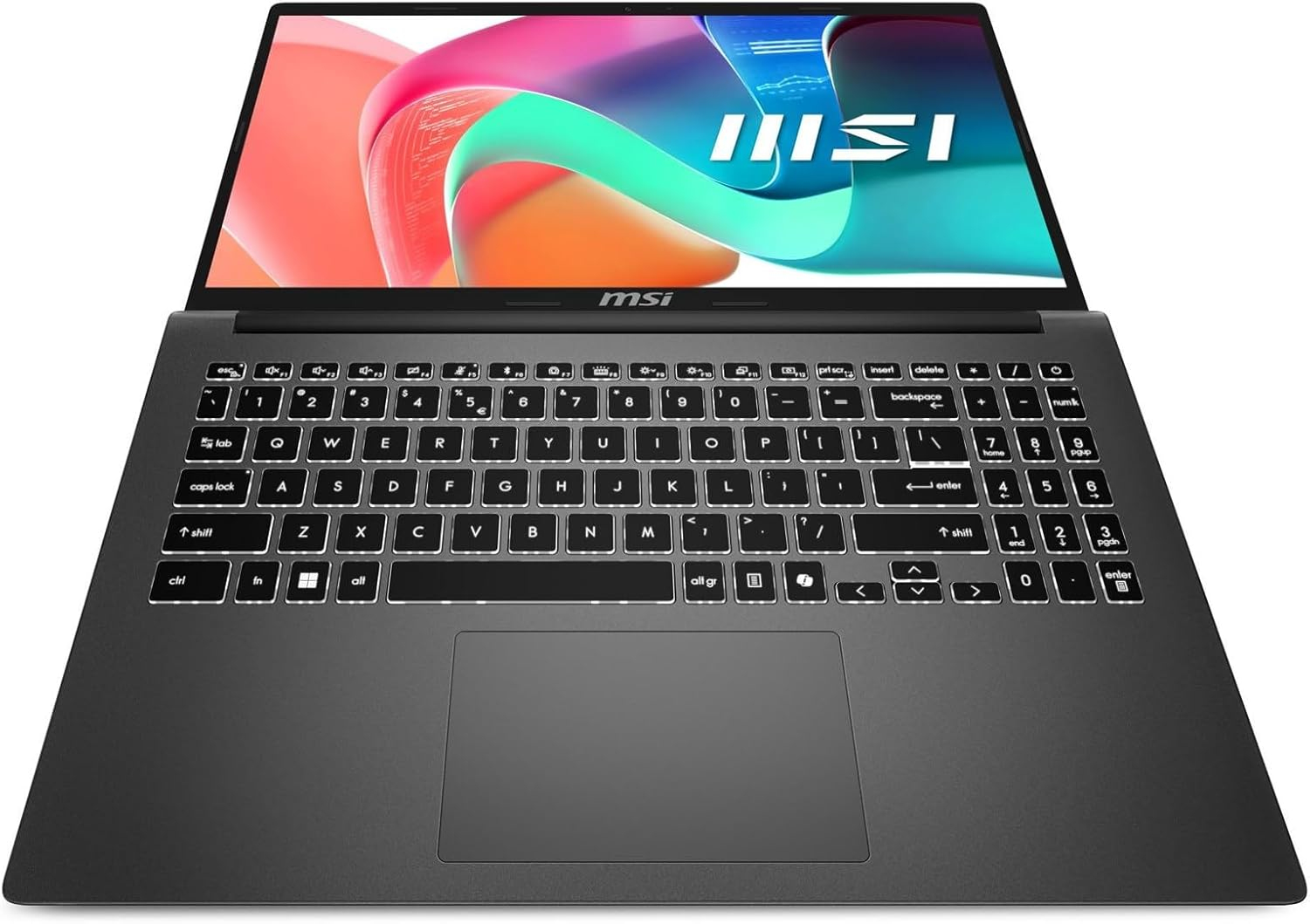 Czarny laptop MSI jest otwarty, wyświetla kolorową abstrakcyjną tapetę na ekranie. Klawiatura jest widoczna.