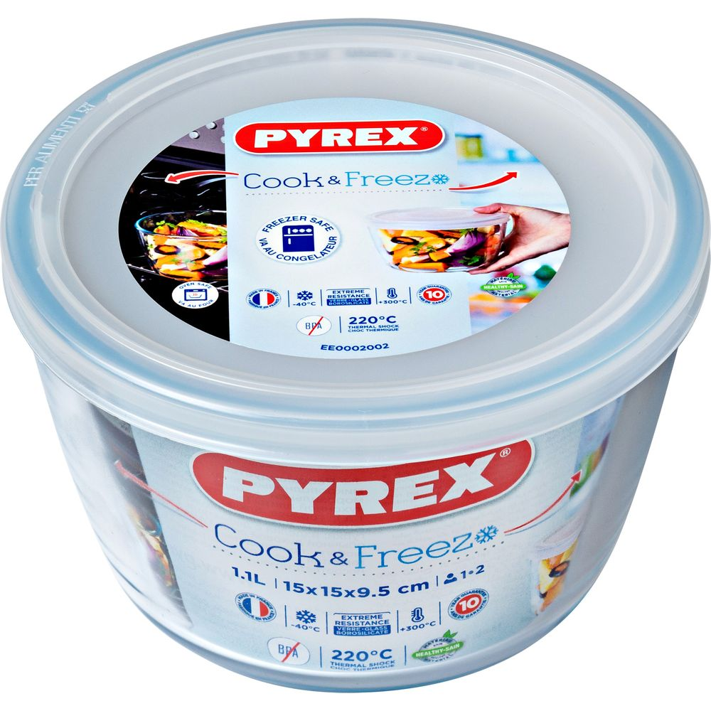 Contenitore in vetro Pyrex Cook & Freez, 1,1L, 15x15x9,5cm, sicuro per freezer fino a -40C, resistente al calore fino a +300C.