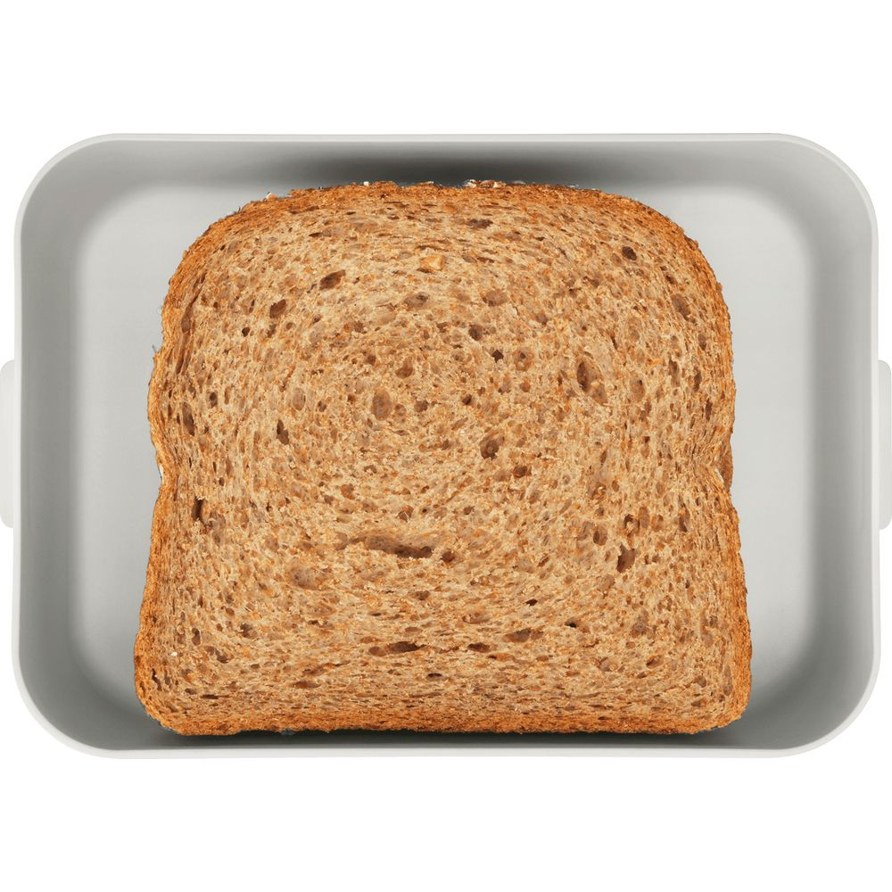 Una fetta di pane integrale tostato poggia in un piatto rettangolare grigio.