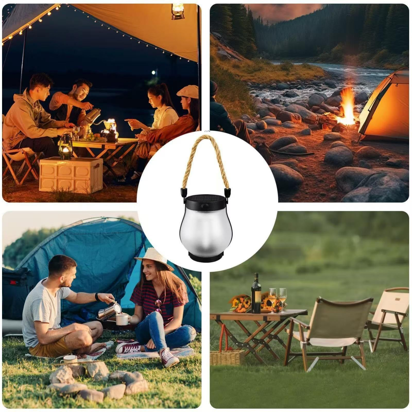 Collage von Camping-Szenen: Menschen unter einem Zelt, ein Lagerfeuer an einem Fluss, ein Paar an einem Zelt, Tischgedeck.