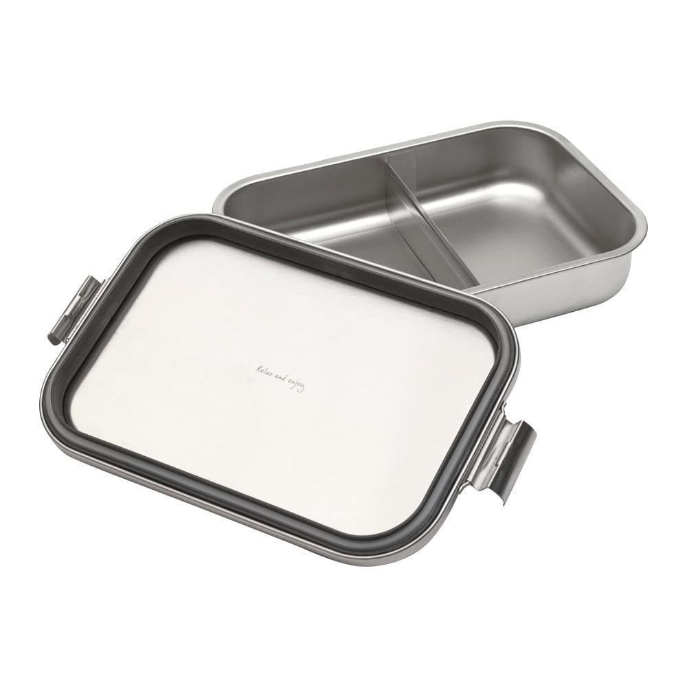 Lunch box in acciaio inox con divisorio e guarnizione nera. Testo sul coperchio.