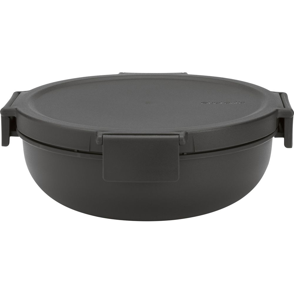 Un contenitore scuro e rotondo per il pranzo con coperchio e due chiusure.