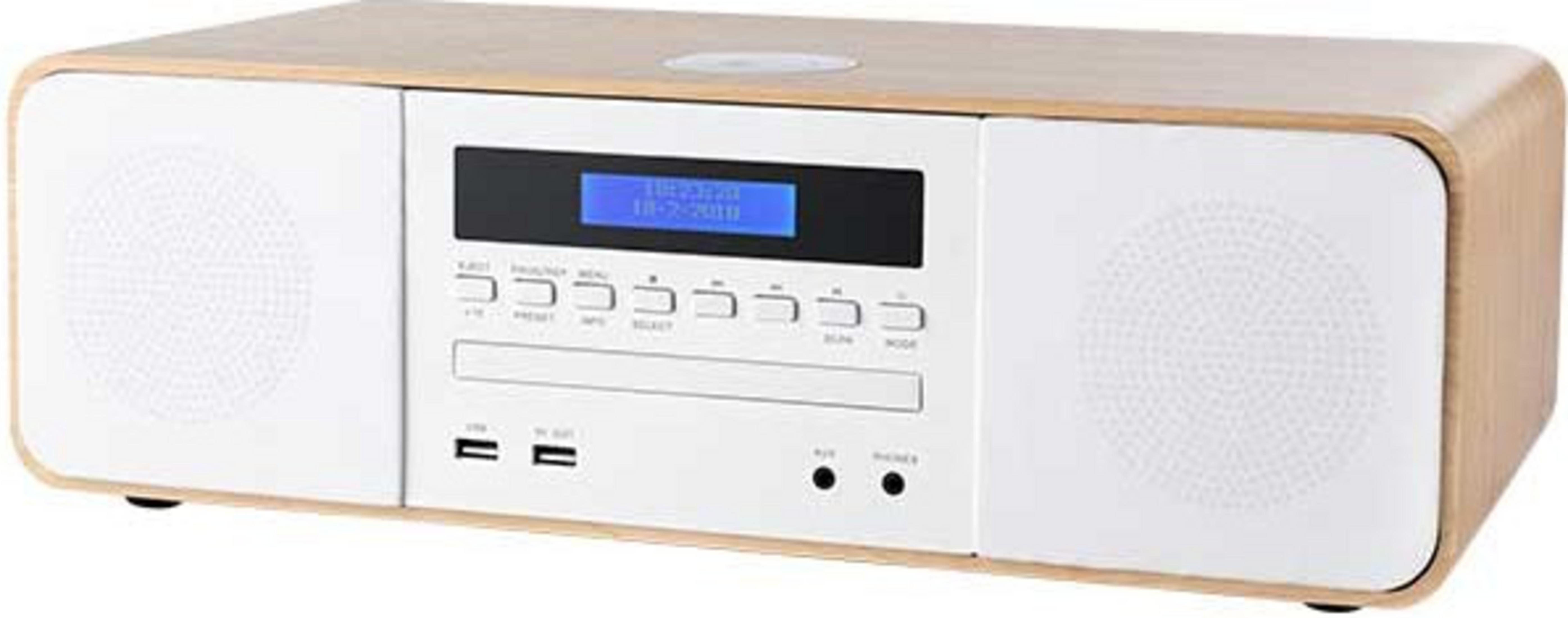 Drewniane radio z odtwarzaczem CD, wyświetlaczem, przyciskami, portami USB i głośnikami.