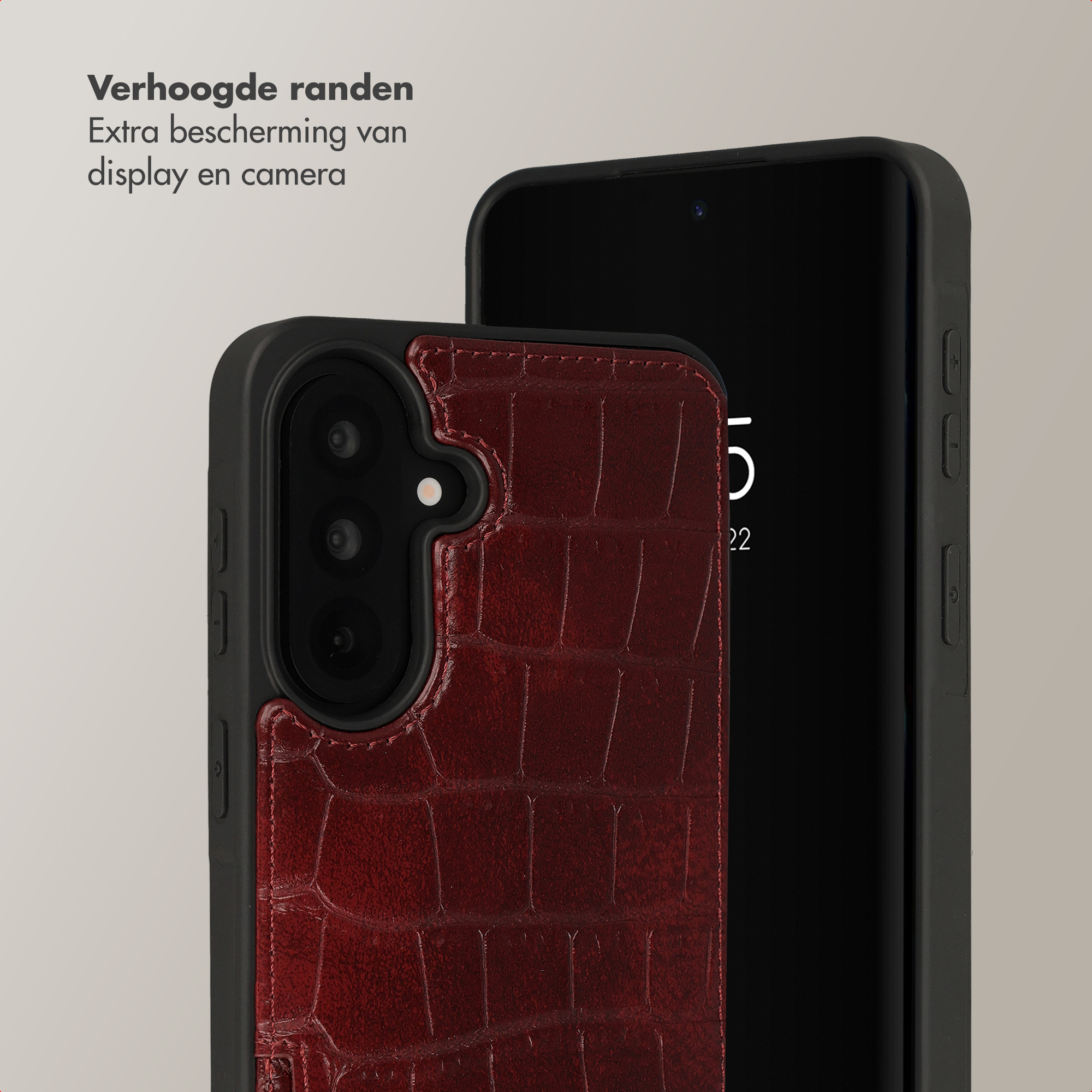 Rode krokodillenleren telefoonhoes met verhoogde randen voor display/camera.