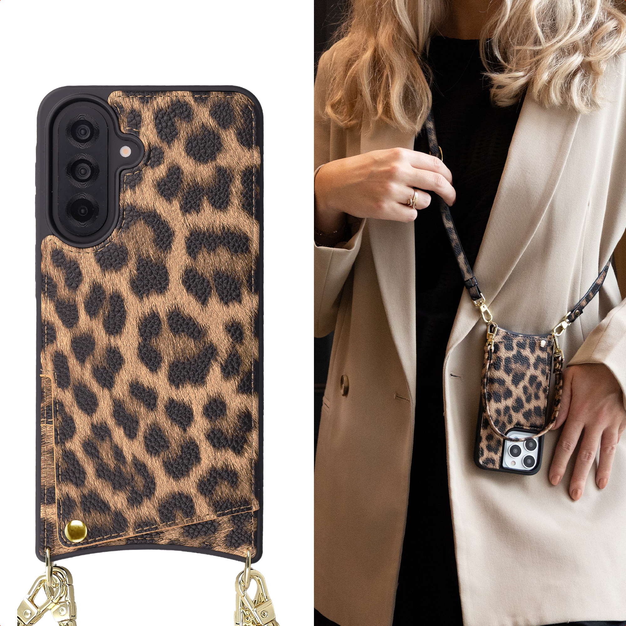 Étui de téléphone imprimé léopard avec lanière porté par une femme en veste beige.