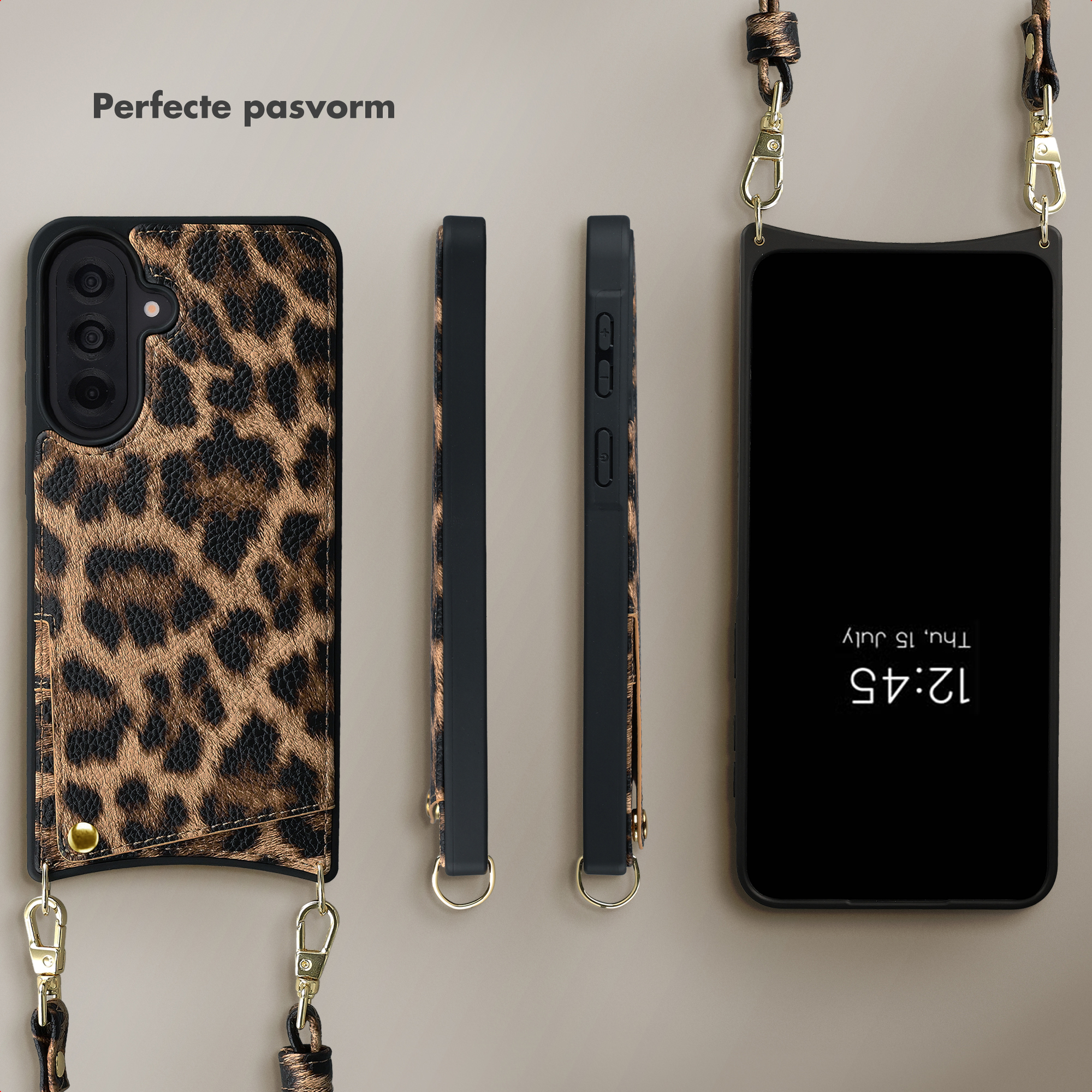 Coque de téléphone léopard avec bandoulière et vues latérales.