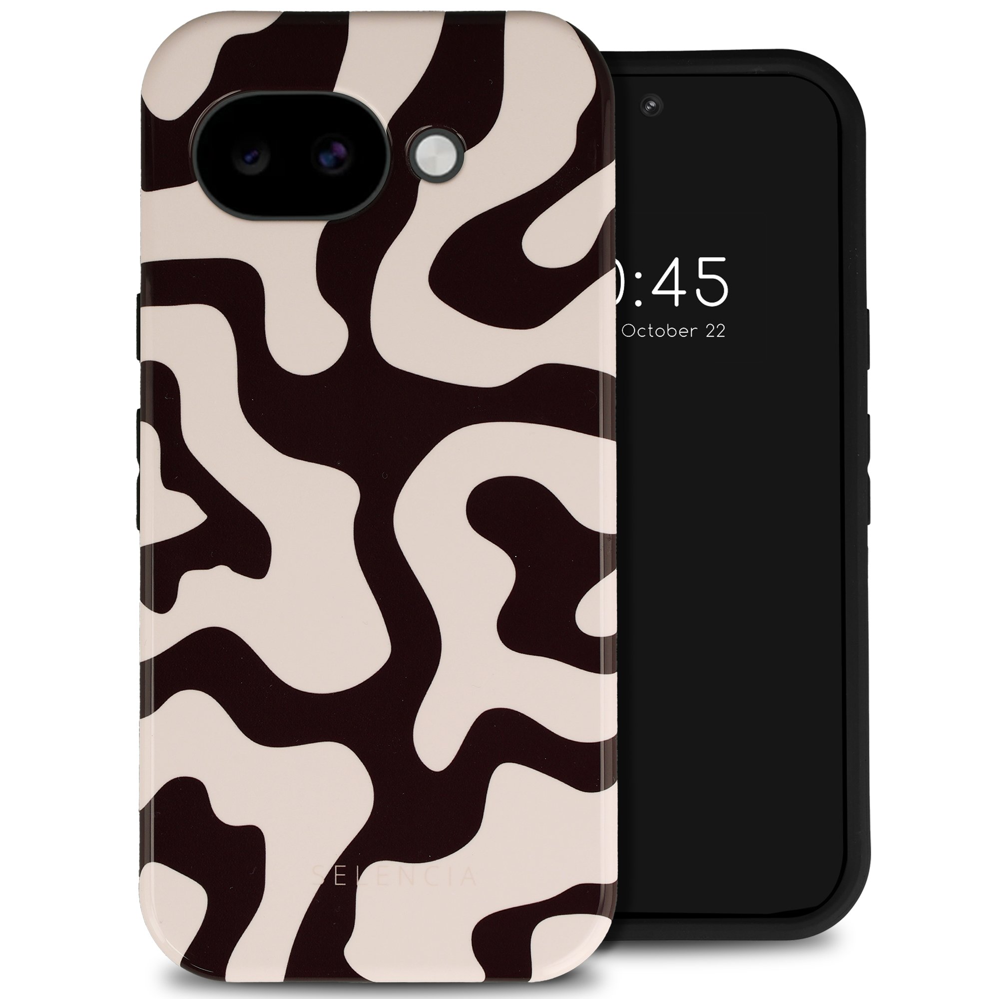 Un smartphone avec une coque à motif marron et blanc sur fond blanc.