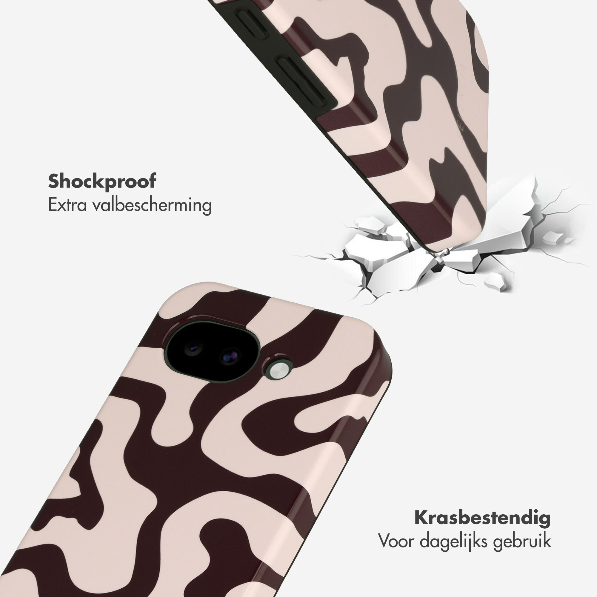 Coque de téléphone à motif marbre tombant sur un sol fissuré.