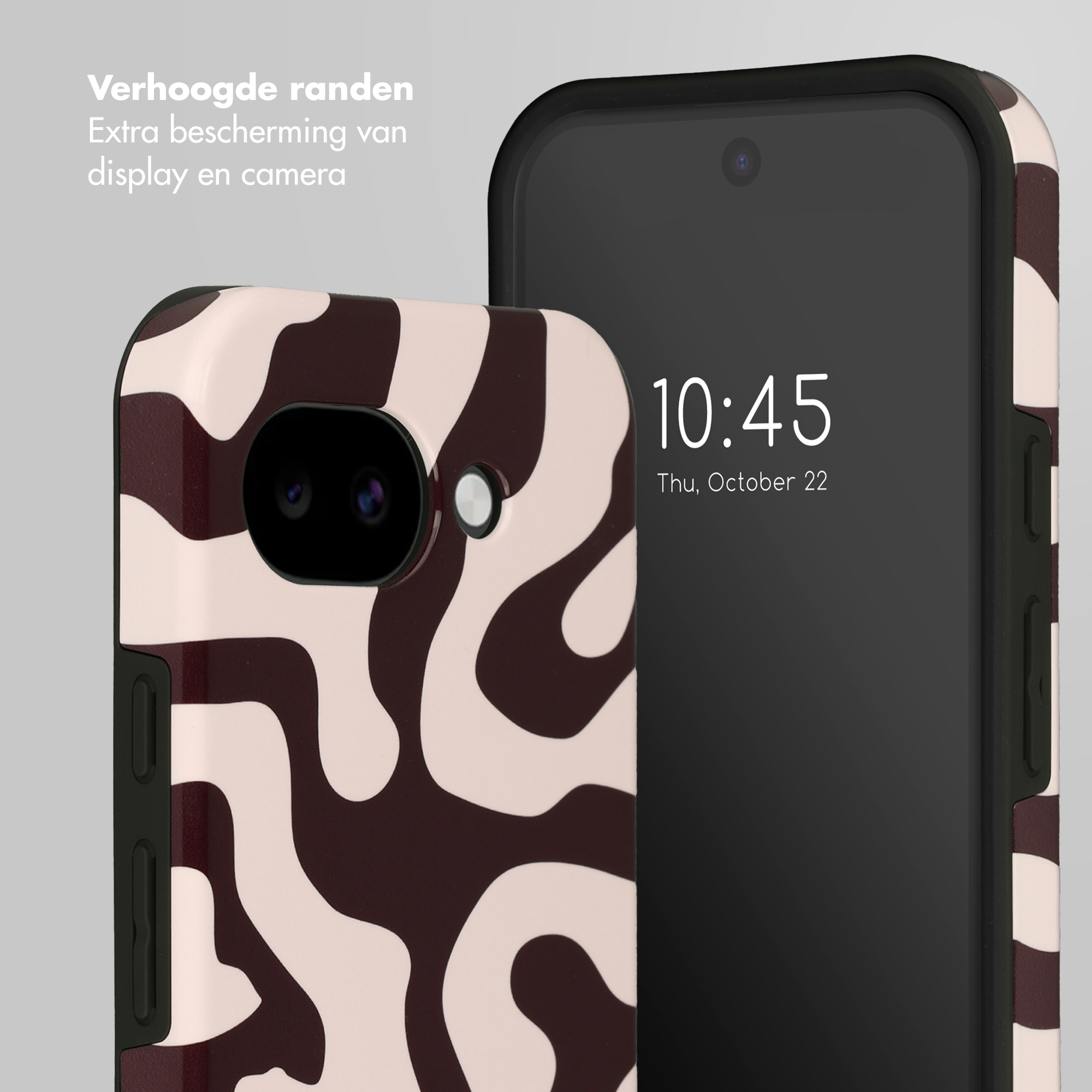 Un téléphone avec un motif ondulé marron et blanc, affichant l'heure.