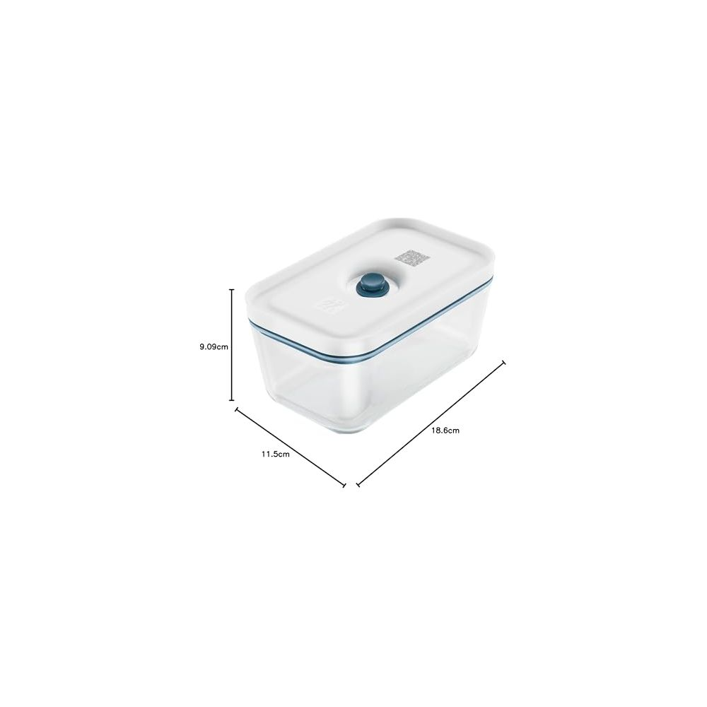 Un contenitore sottovuoto rettangolare trasparente con coperchio bianco e valvola blu.