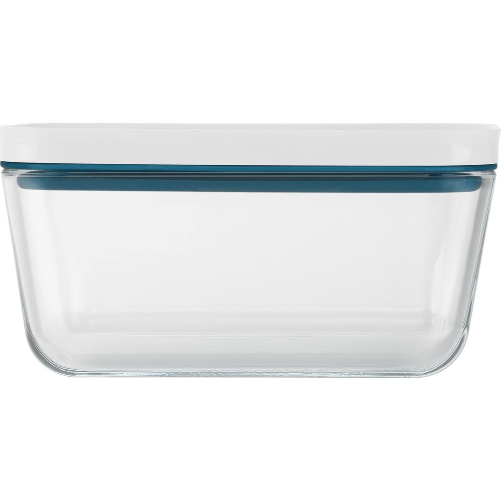 Un contenitore rettangolare in vetro con coperchio bianco e guarnizione blu.