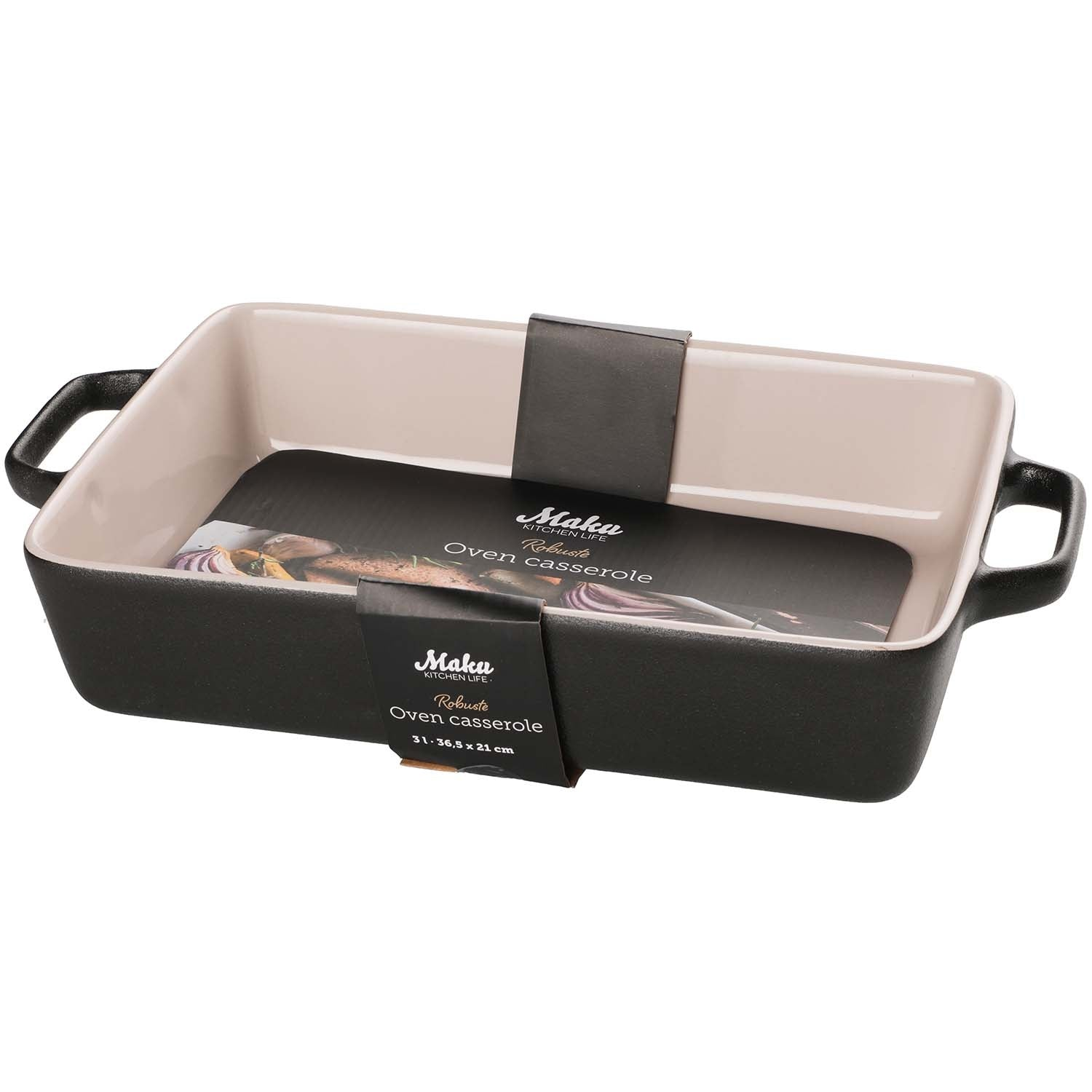 Zwarte ovenschotel met handvatten, crème binnenkant. Tekst: Maku Oven casserole.