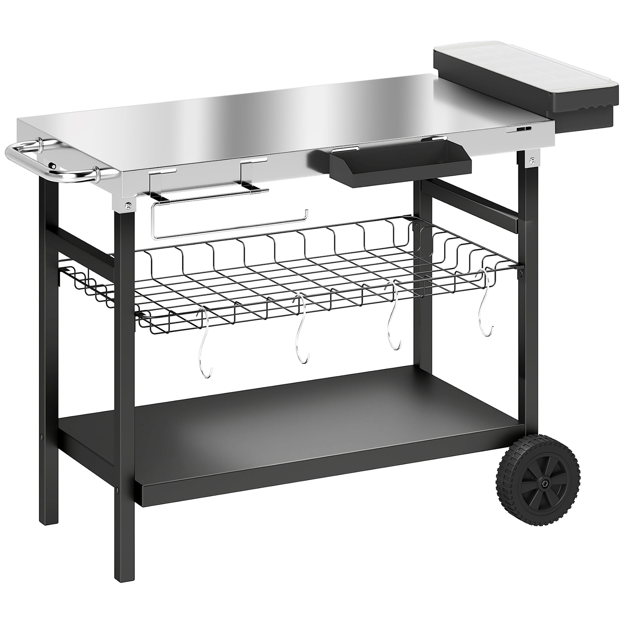 Carrello grigliata argentato con gambe nere e griglia metallica. Ha una ruota.