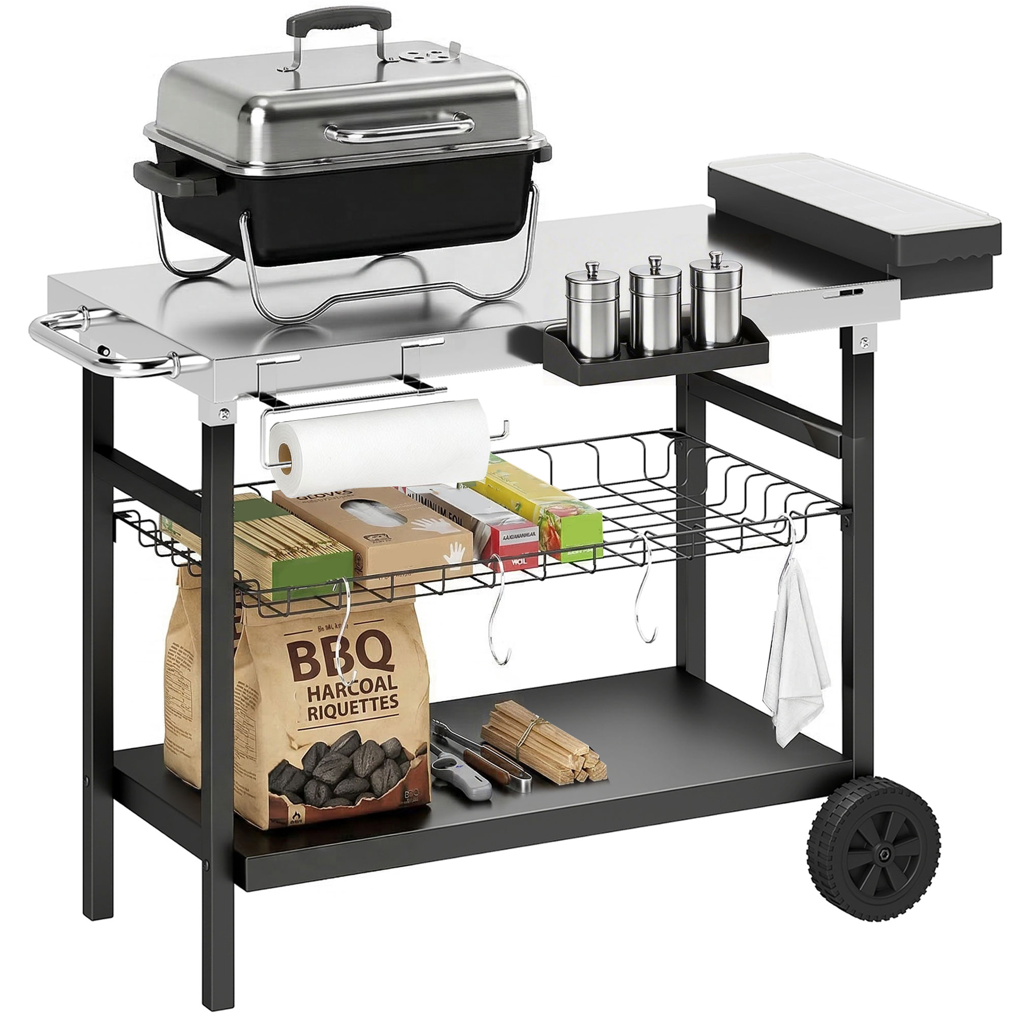 Carrello per barbecue con griglia, barattoli di spezie, carbone, asciugamani di carta e attrezzi.