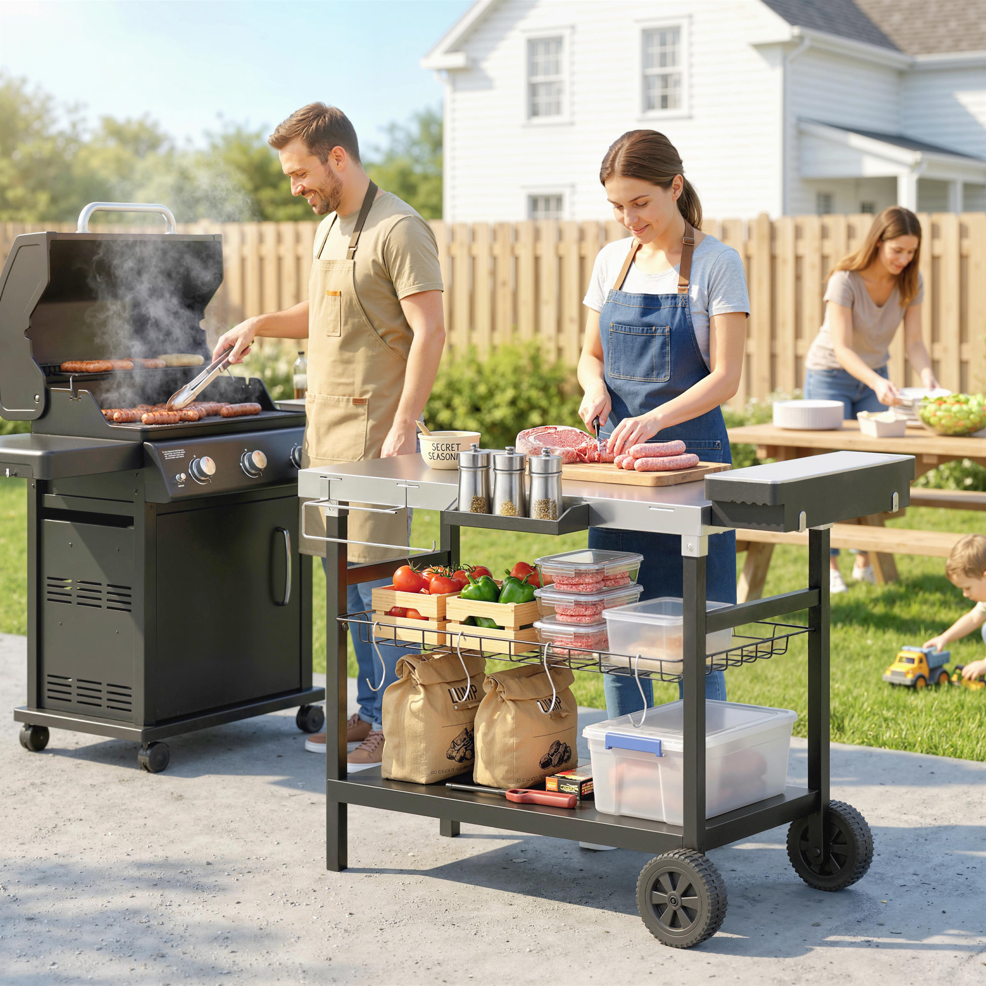 Famiglia fa un barbecue in giardino. Uomo mette salsicce sulla griglia. Donna taglia carne.