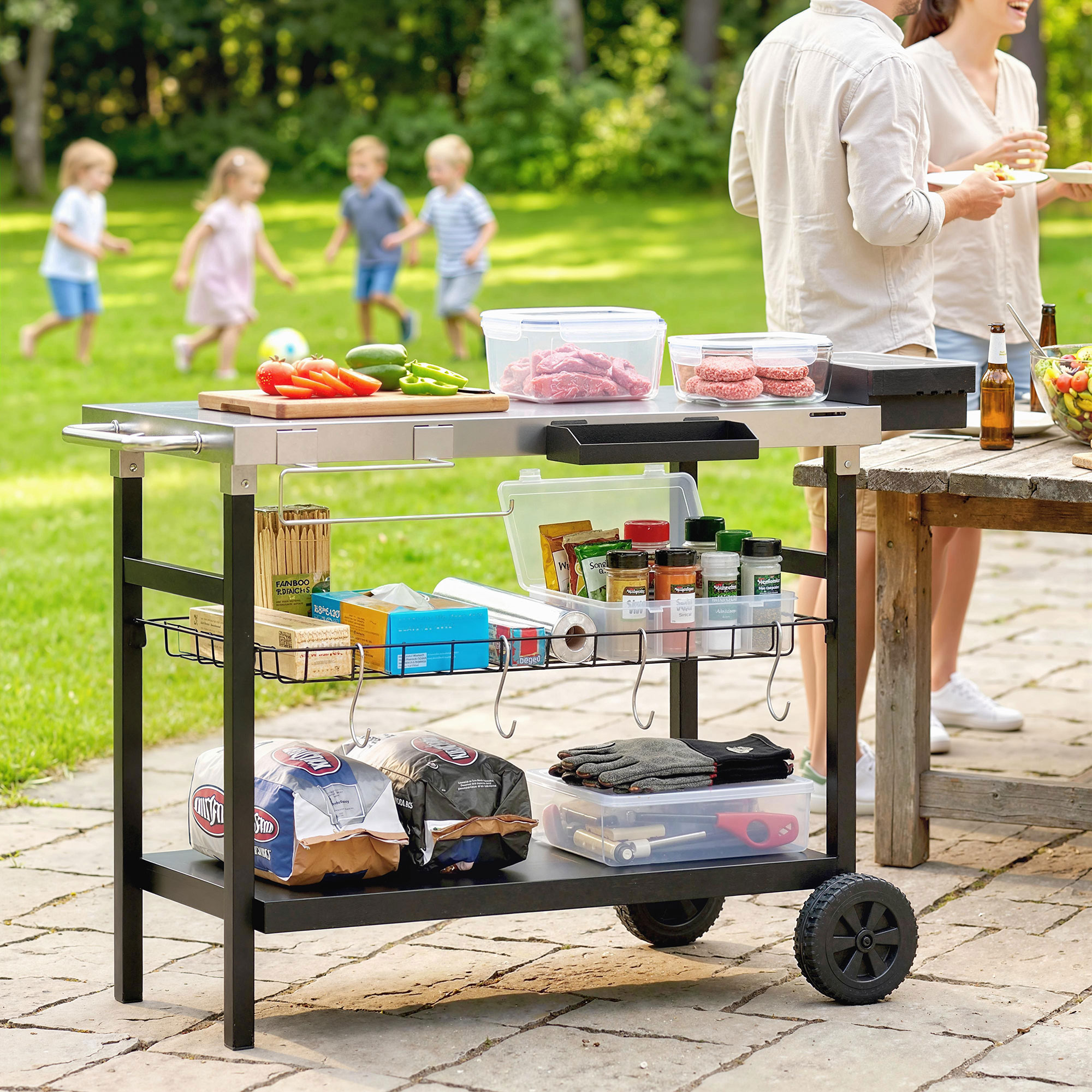 Carrello griglia con carne, hamburger, verdure, spezie e carbone. Bambini giocano sullo sfondo.
