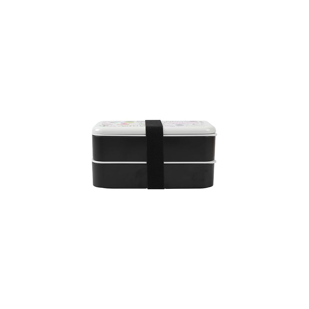 Un lunchbox nero a due piani fissato con elastico nero.