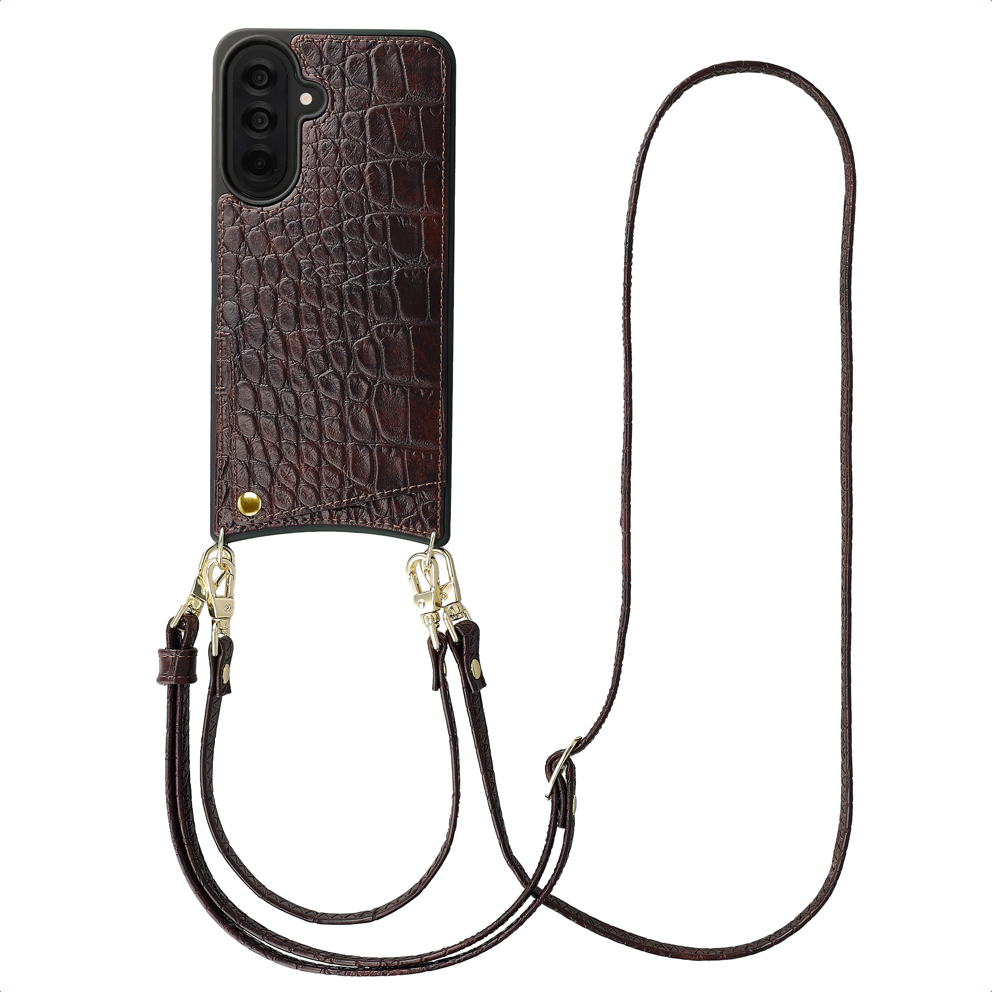Donkerbruine krokodillenleren telefoonhoes met afneembare riem en gouden beslag.