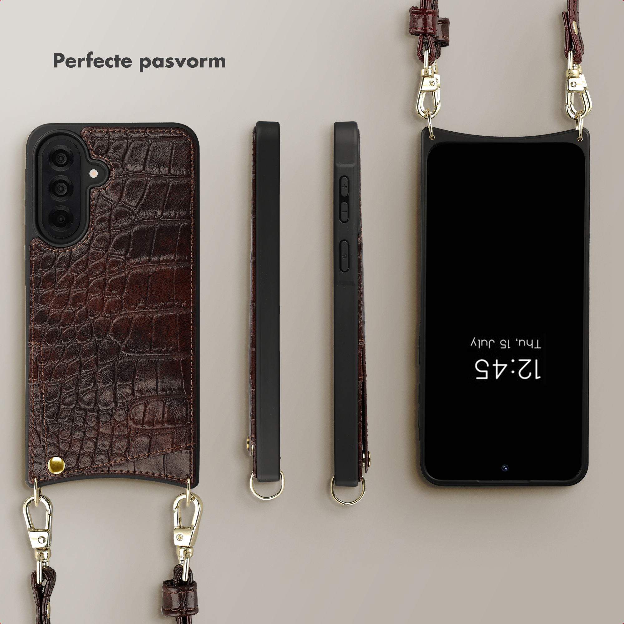 Bruine krokodillenleren telefoonhoes met afneembare riem en telefoon.