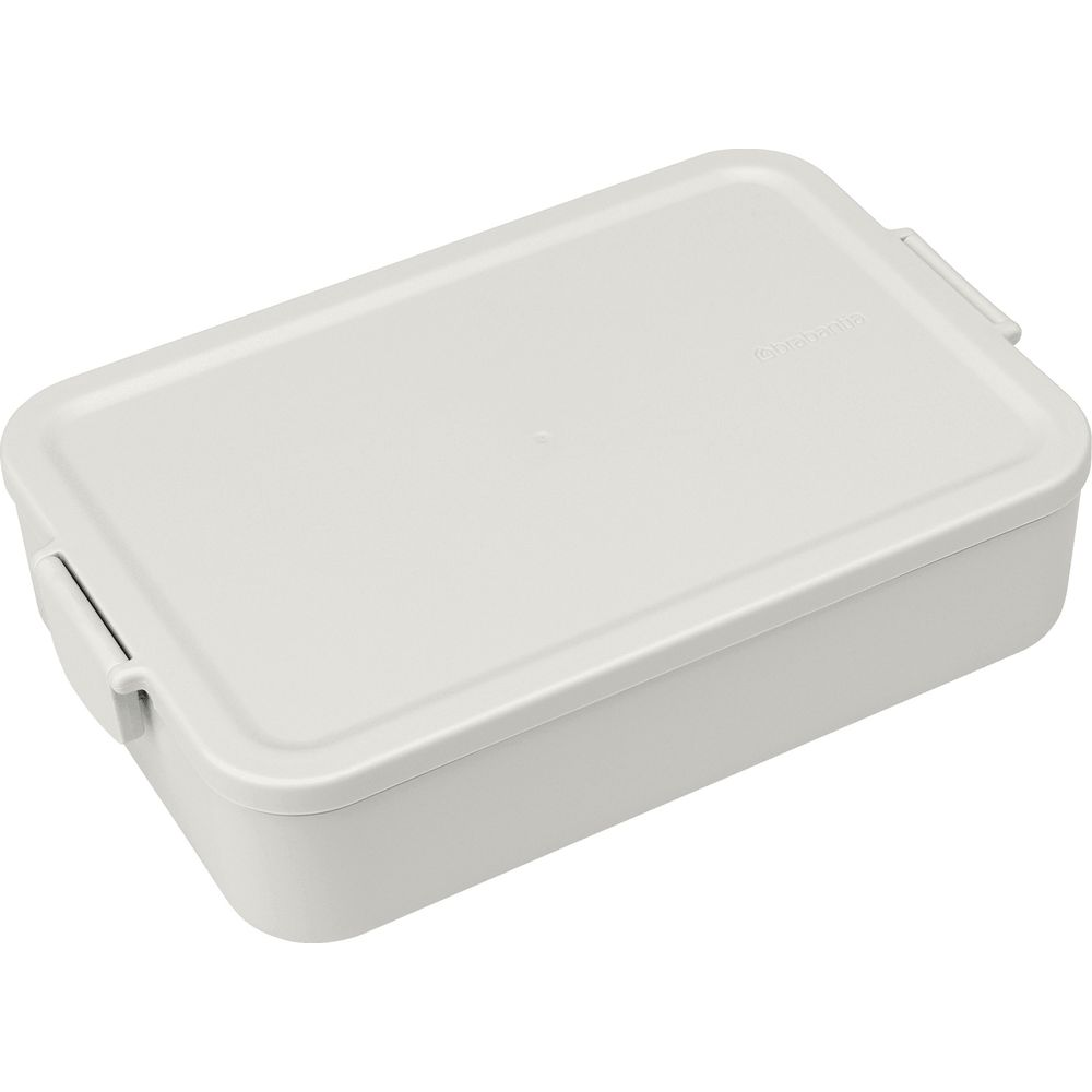 Una lunch box rettangolare bianca con coperchio e clip.