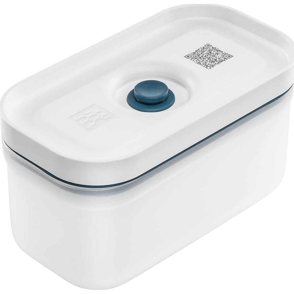 Contenitore rettangolare bianco con pulsante blu e codice QR.