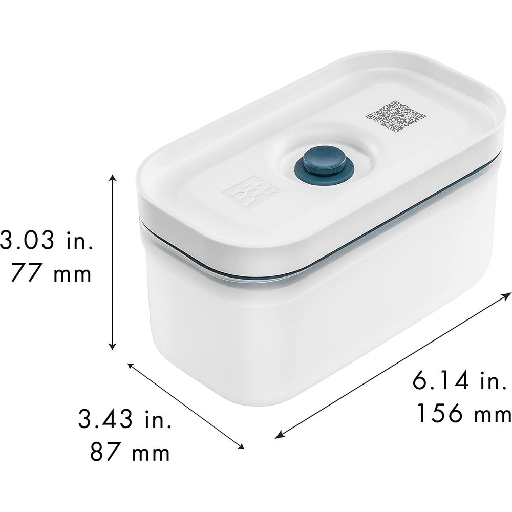 Contenitore bianco con pomello blu e dimensioni indicate.